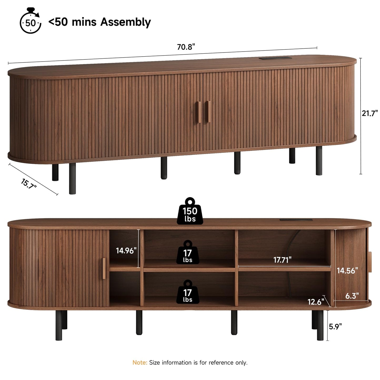 ONBRILL 70.8" TV Stand with Power Outlet for TVs up to 75 Inch, Entertainment Center with Storage and Adjustable Shelves, Modern Media Console with Sliding Doors for Living Room, Walnut