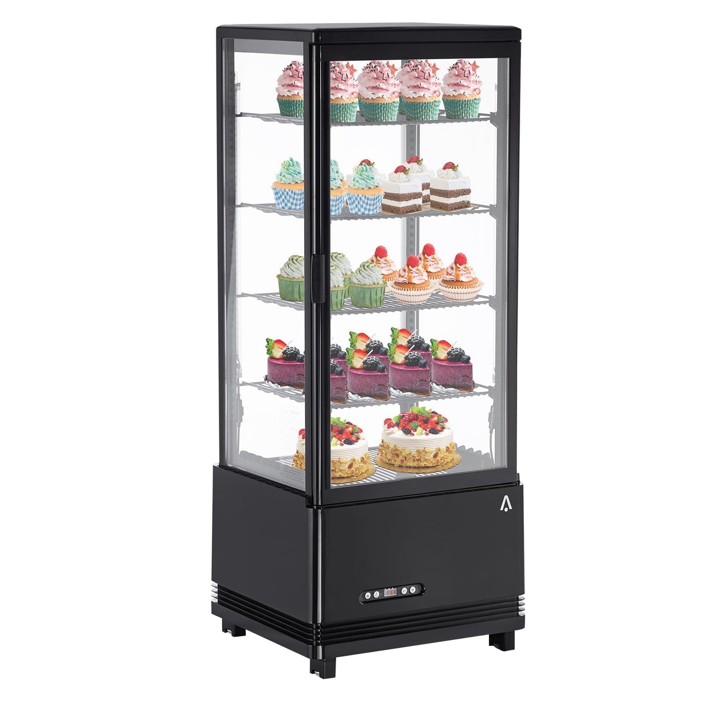 Countertop Display Refrigerator 3.4 Cu.ft, 4-Tier LED Pastry Cooler, Sliding Door, Adjustable Shelves, Commercial Fridge for Bakery Cafe Restaurant, Frost-Free, Black