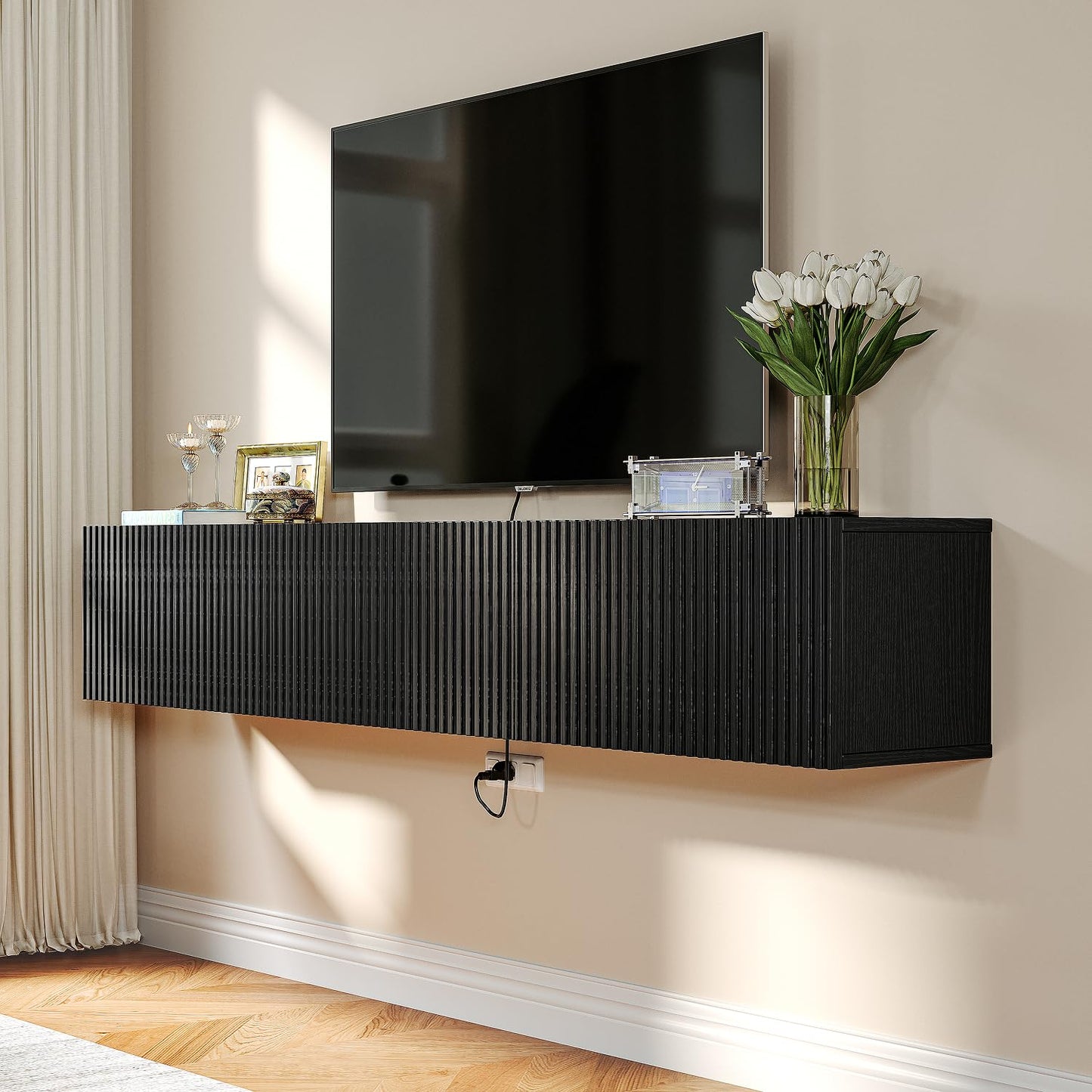 FloatiCasa Floating TV Stand with 3 Doors,55IN Wall Mounted TV Cabinet,Slatted Floating Media Console Entertainment Center with Storage,Under TV Shelf for Bedroom Living Room,Black