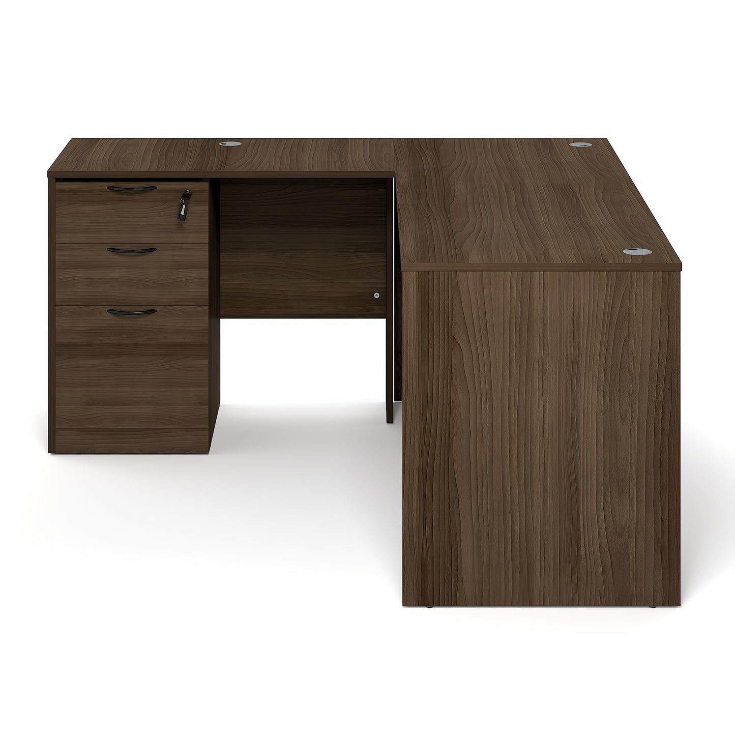 Furinno Roger 60 Inch L-Shaped Executive Desk with File Cabinet, L-Shaped Office Desk with 3-Drawer Fixed Pedestal Filing Cabinet, Desk Cord Grommet, for Home Office, Modern Walnut