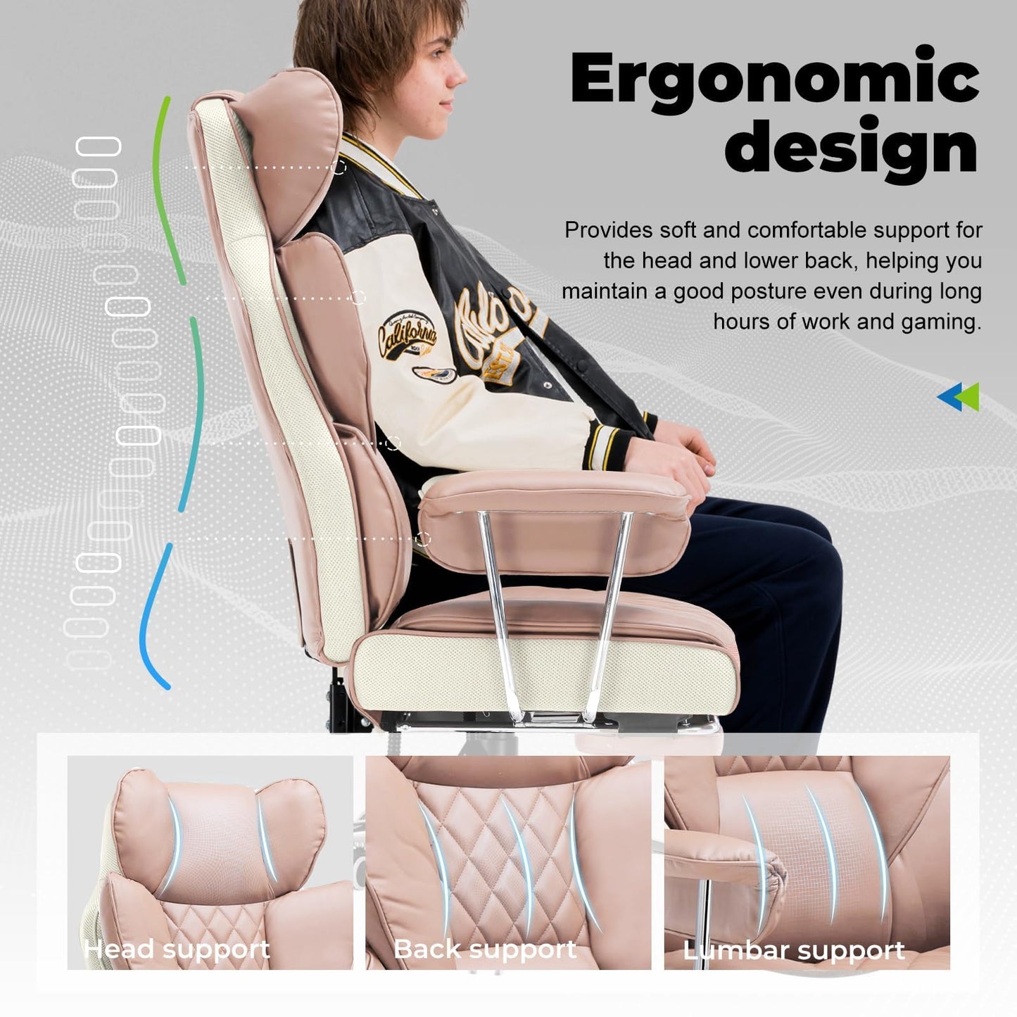 COMHOMA Big and Tall Office Chair, High Back Leather Gaming Chair with Footrest, Executive Ergonomic Office Chairs with Pocket Spring Lumbar Support and with Outward Fixed Soft Armrests