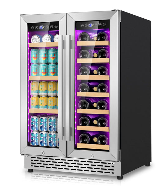 24 Inch Wine and Beverage Refrigerator, 90 Can & 21 Bottle Dual Zone Under Counter or Freestanding Wine Beverage Cooler, 3 LED Stainless-Steel Fridge with Glass Door Fast Cooling for Home/Kitchen