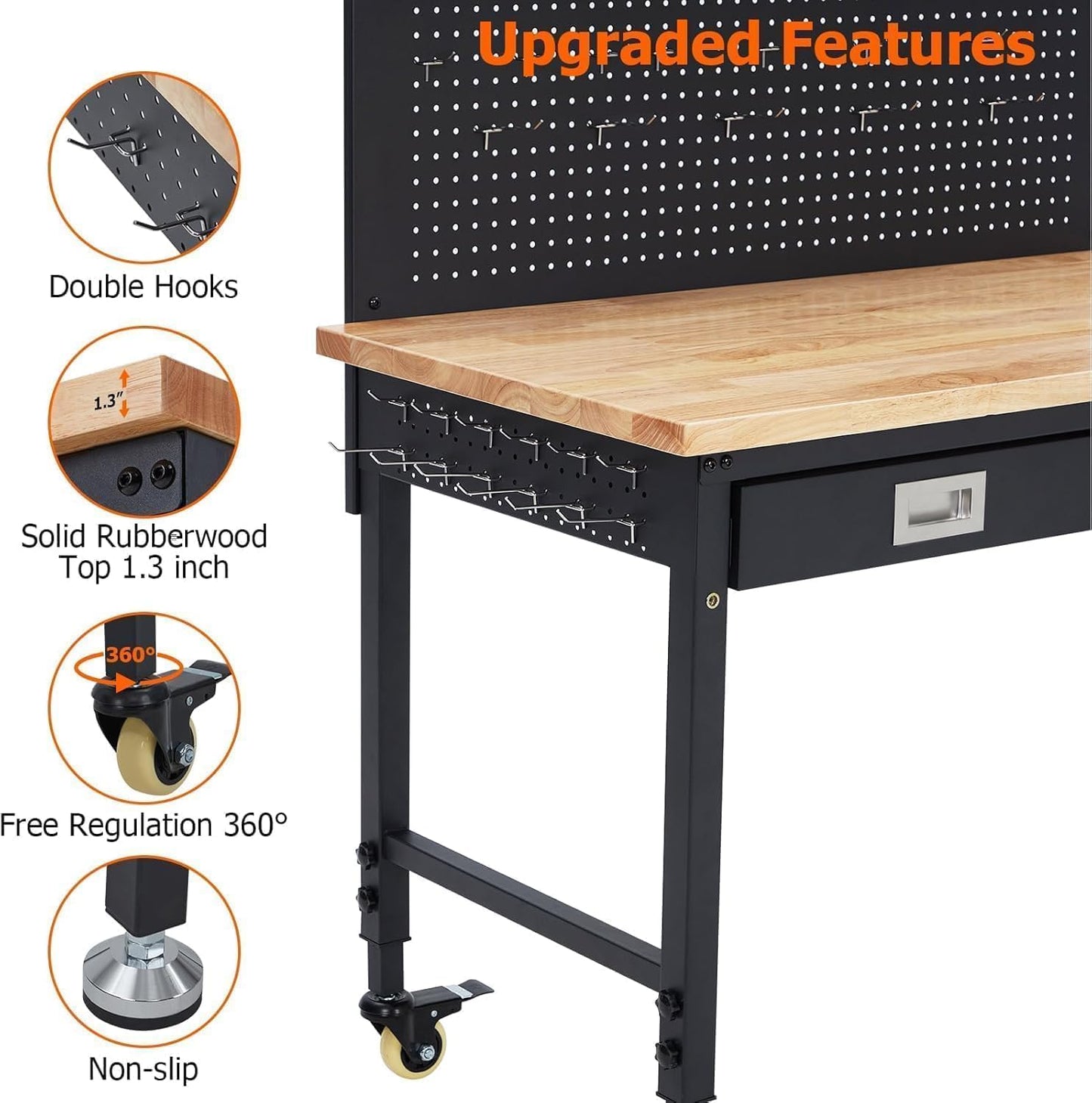 Workbench, Heavy Duty Adjustable Height Worktable with Rubber Wood Top, 2000 LBS Load Capacity, Tool Storage Station with Drawer, Pegboard, Power Outlets and Lockable Wheels, for Warehouse