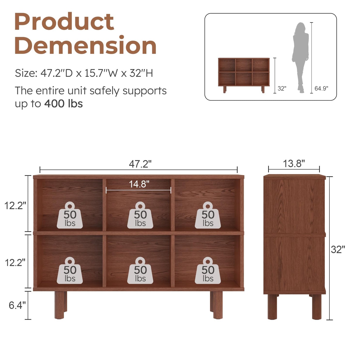 Solid Wood 6 Cube Storage Organizer, Horizontal Bookshelf with Storage, 2 Shelf Bookcase, 6 Cube Shelf, TV Stand Bookshelf, Small Book Shelf for Kids Rooms, Bedroom, Living Room, Offices (47.2 Wide)