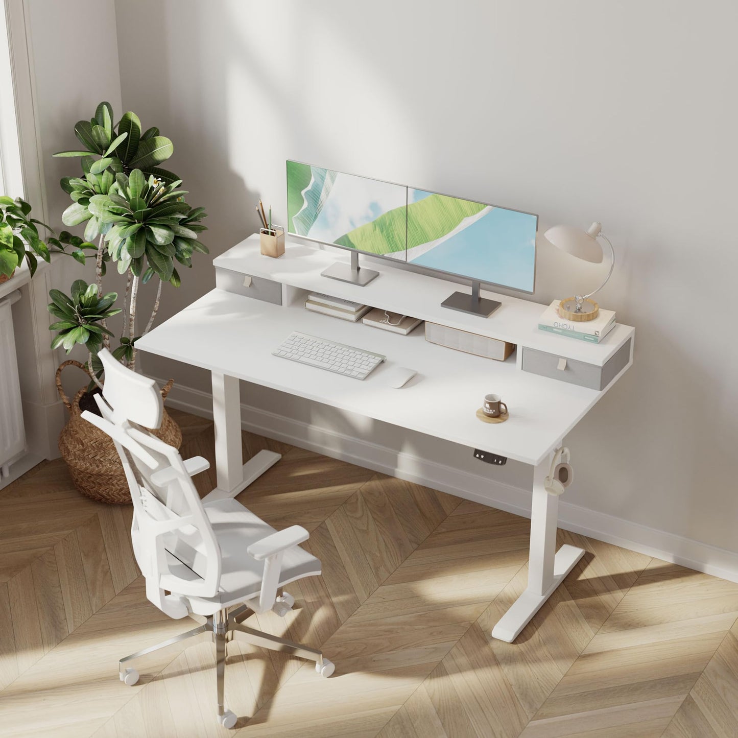 Klicelor 63 x24 Inch Electric Standing Desk with Drawers, Adjustable Height Small Sit Stand Desk for Home Office, Compact Computer Workstation with Storage– White