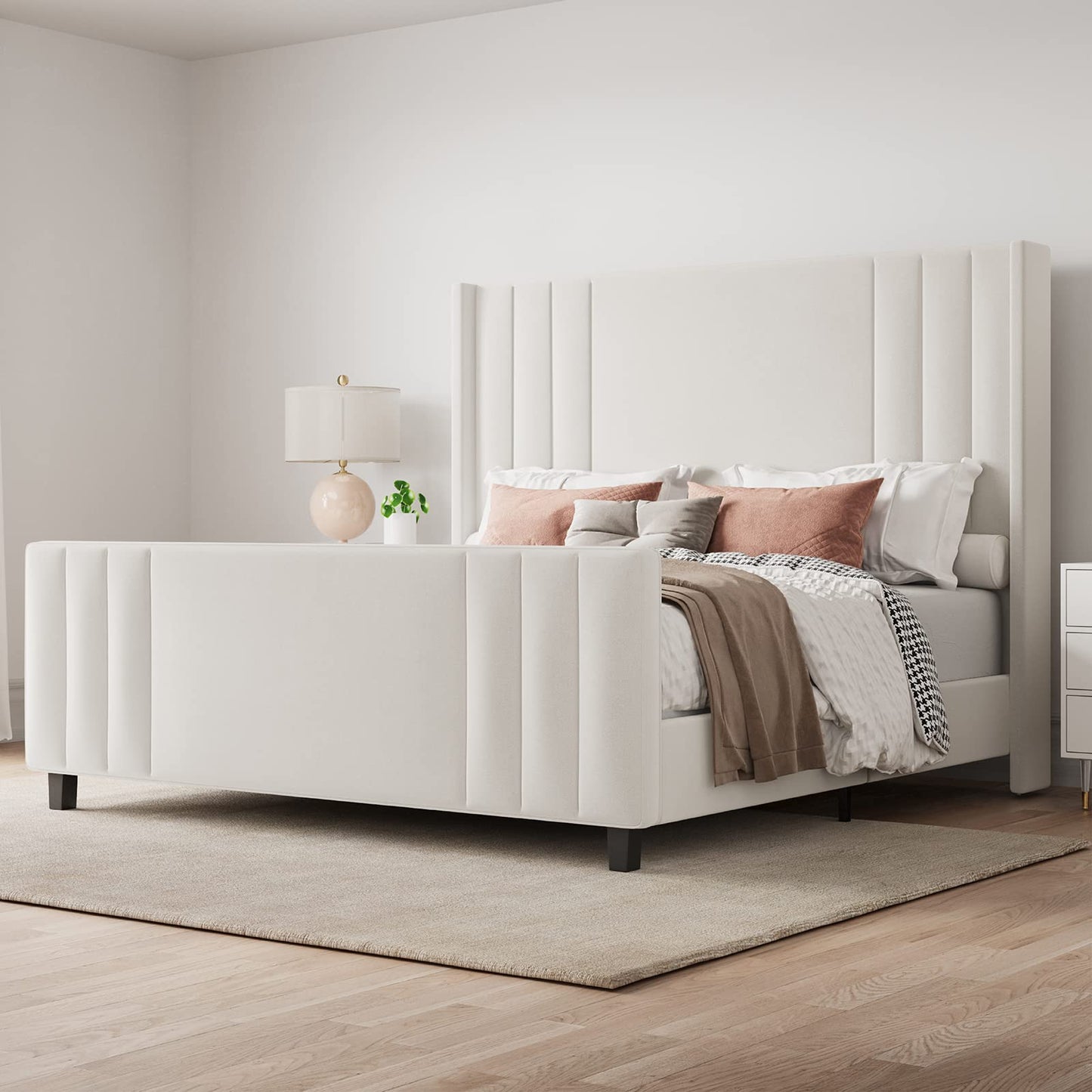 Albott Queen Size Platform Bed Frame, Upholstered Bed with Vertical Channel Tufted Wingback Headboard & Footboard, Premium Velvet, No Box Spring Needed, Cream
