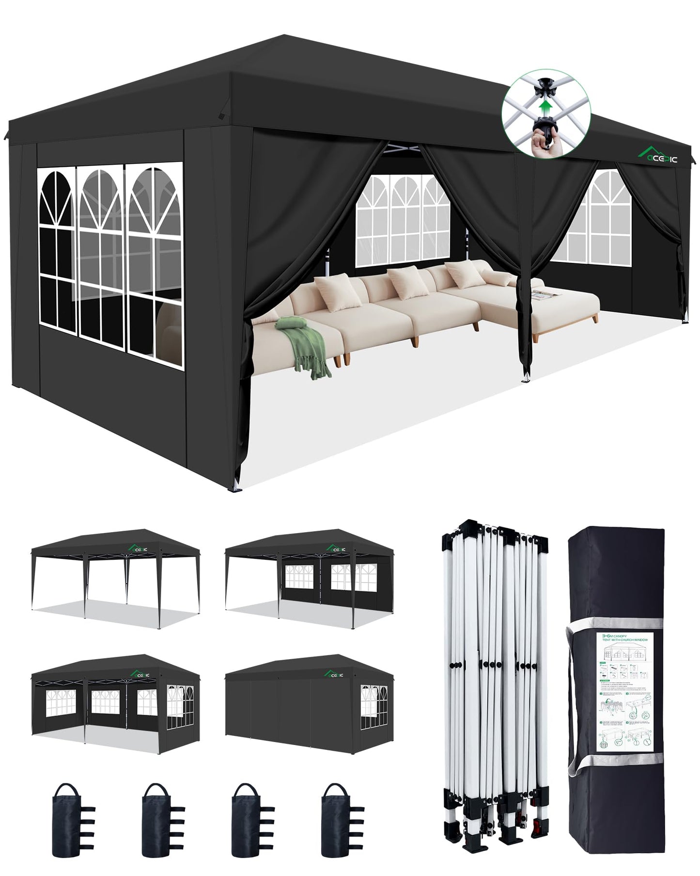 Acepic 10x20 Pop Up Canopy Tent with 6 Removable Sidewalls, Easy Set-up 2 Central Lock Outdoor Party Tent, Commercial Canopy, Stakes x8, Ropes x4, Sandbags x4, Hand Bag x1(Black, 10 * 20)