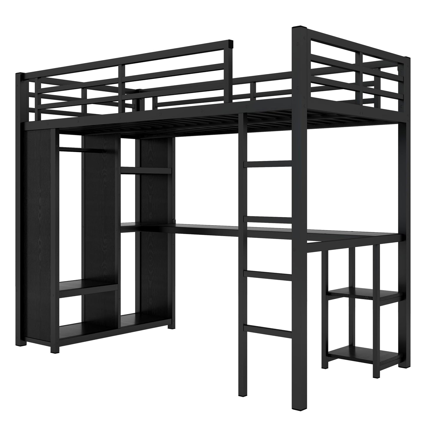 Twin XL Loft Bed with Desk and Storage Shelves, Twin XL Loft Bed with Wardrobe and Hanging Rod, Game Loft Bed with Guardrail and Ladder(Twin XL Balck)