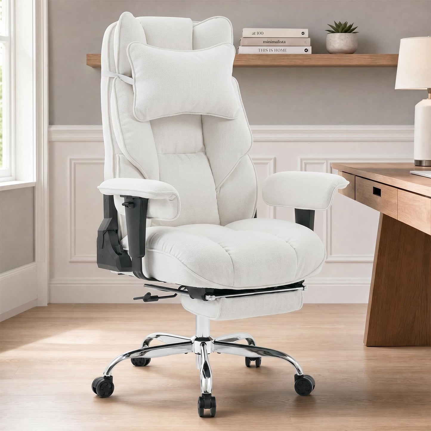 mokodo Big and Tall Office Chair 400lbs, Breathable Fabric Executive Desk Chair with Pocket Spring Cushion, 155° Reclining Computer Chair with Integrated Headrest & Lumbar Pillow (White)