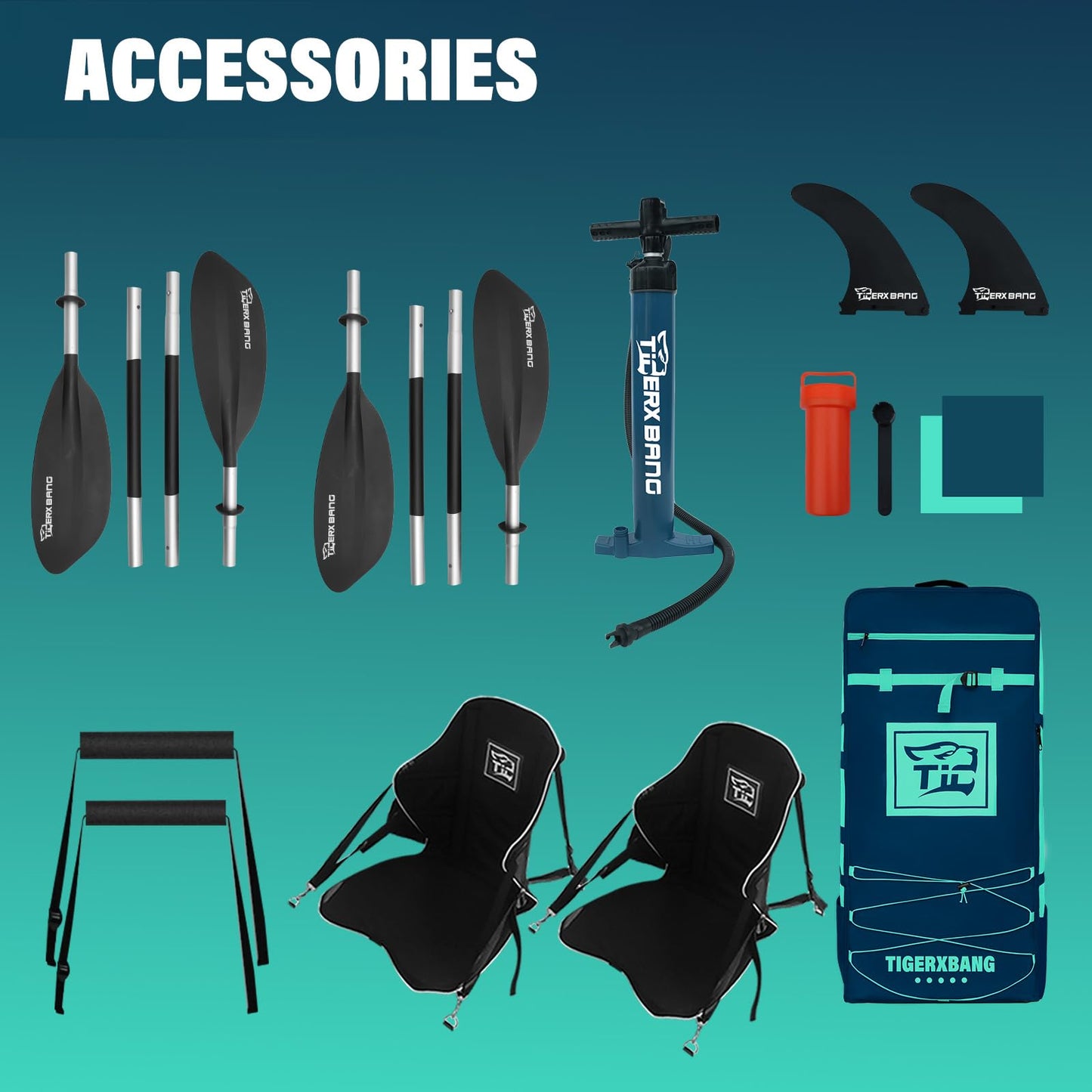 TIGERXBANG 13.8'x37.8''x9.4'' Inflatable 2 Person Kayak, Touring Boat for Adults/Youth, Kayak Set with Removable Seat, Double Paddles, Foot Pedals, Hand Pump and Multifunctional Accessories