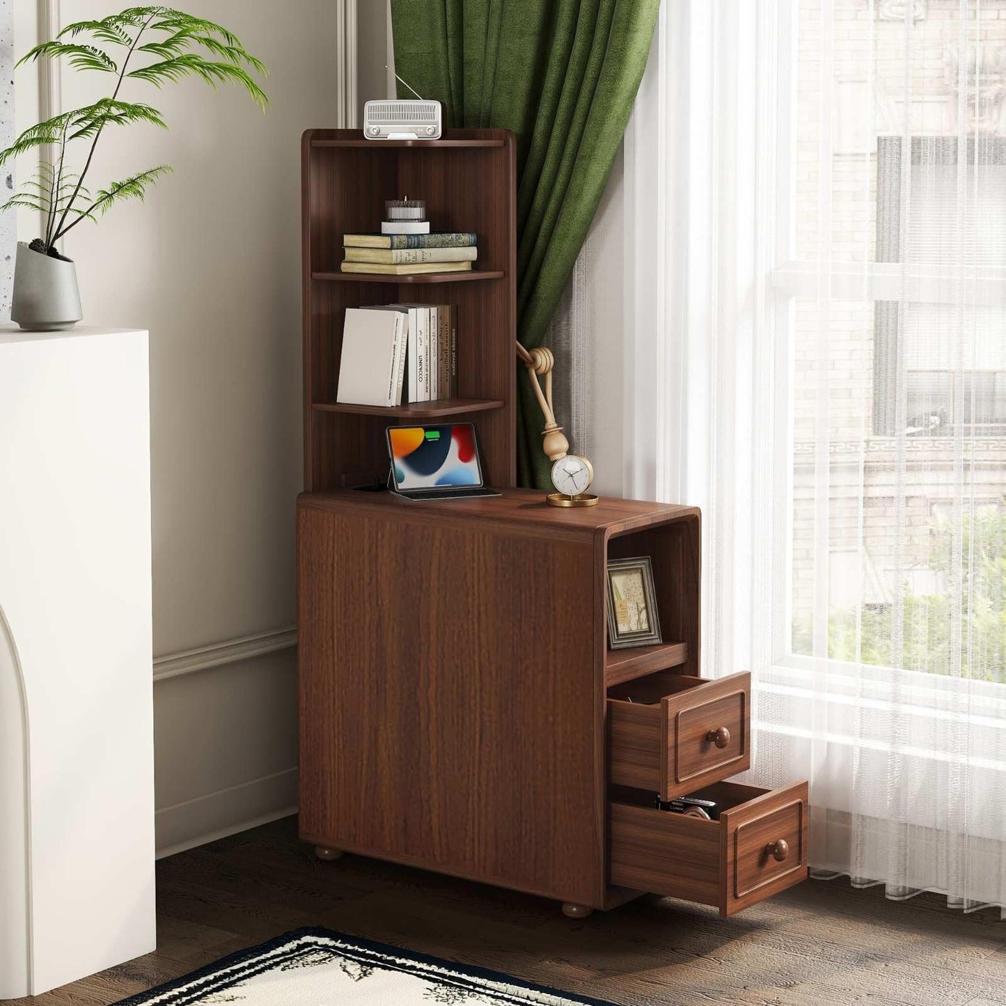 FRITHJILL Narrow End Table, Corner Bookshelf for Living Room, Nightstand with Charging Station and 3-Tier Display Shelf, 2 Drawers Storage Cabinet, Space Saving Side Table