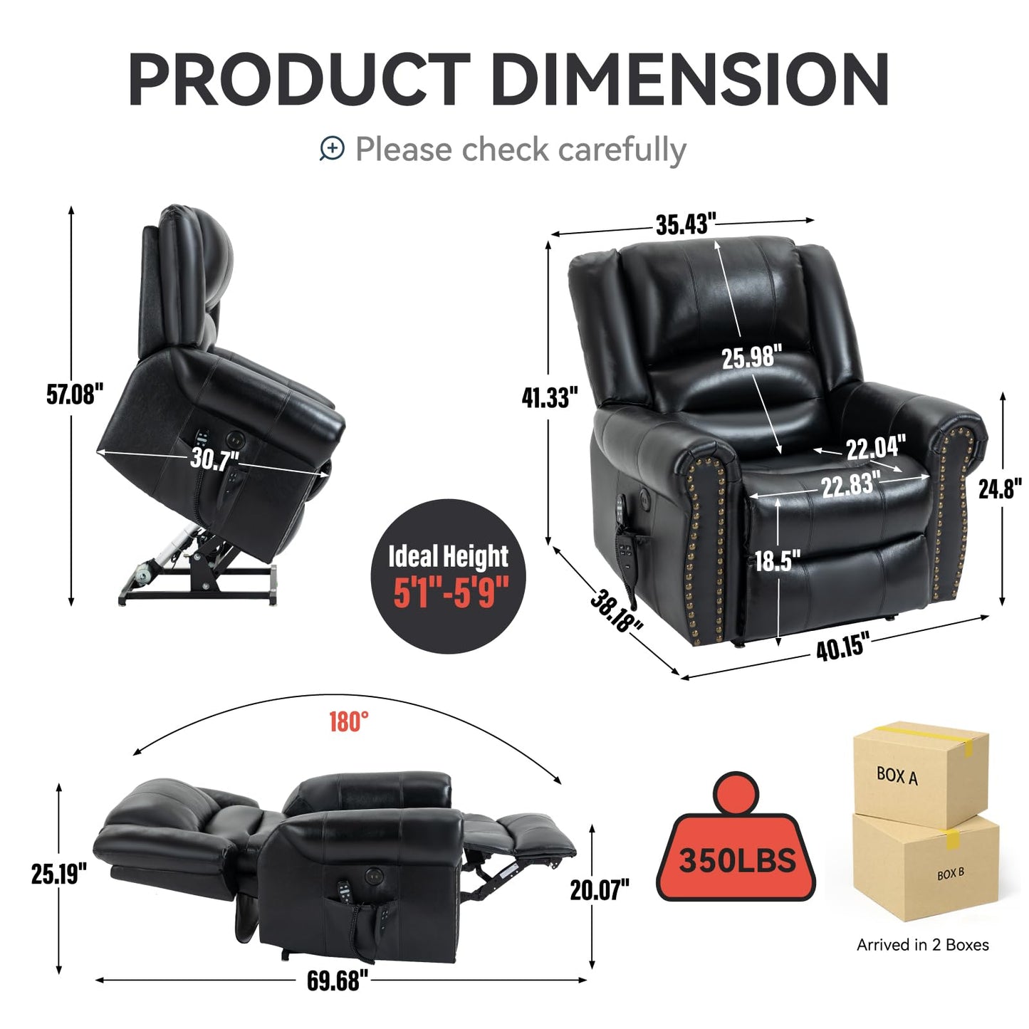 KEIKI Oversized Power Lift Recliner Rocking Chair for Adult, Genuine Leather Mid Century Modern Accent Chair with Back Message & Heat USB Port, Adjustable Home Theater Seating for Living Room, Black