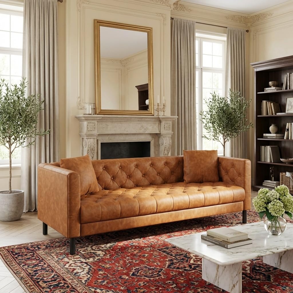 MilleLoom Mid Century Modern Leather Sofa 81 Inch, Chesterfield Style 3 Seat Couch with Deep 26" Seats, Button Tufted Upholstery, Includes 2 Pillows for Living Room, Apartment or Office, Orange