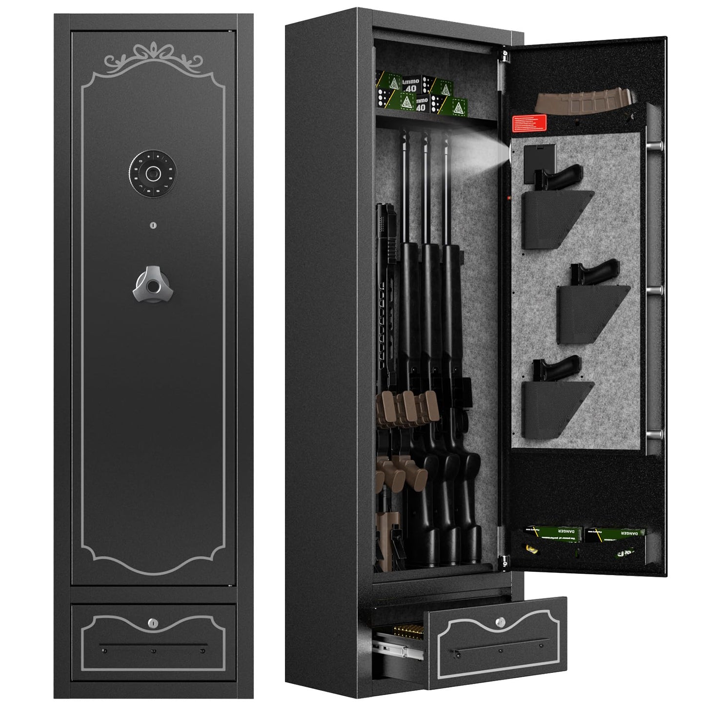 Zevemomo Gun Safes, 8 Gun Cabinet Rifle Safe for Home, Quick & Easy Access Gun Safe for Rifles and Pistols with LED Light & Drawer, Electronic Lock(No assembly required)