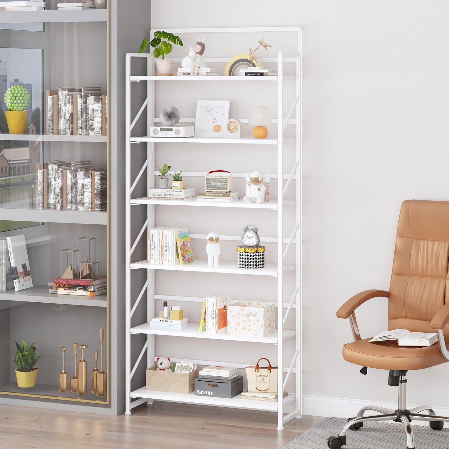 JSB 6 Tier No Assembly Folding Bookshelf, 30.3" Wide Foldable Storage Bookcase for Home Office, Space-Saving Storage Shelf for Living Room (All White)