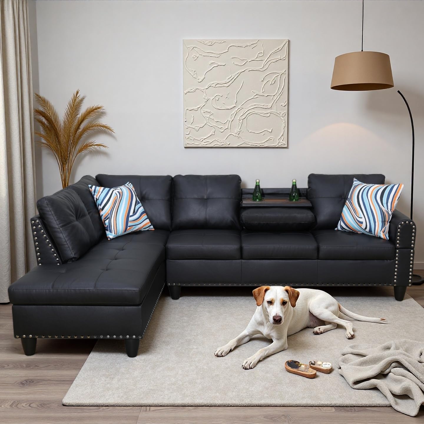 Trygoal Modern L-Shaped Leather Sectional Couch with Cup Holders, Modular Sectional Sofa for Living Room, 3 Person Faux Leather Couch Includes Chaise Lounge, Black