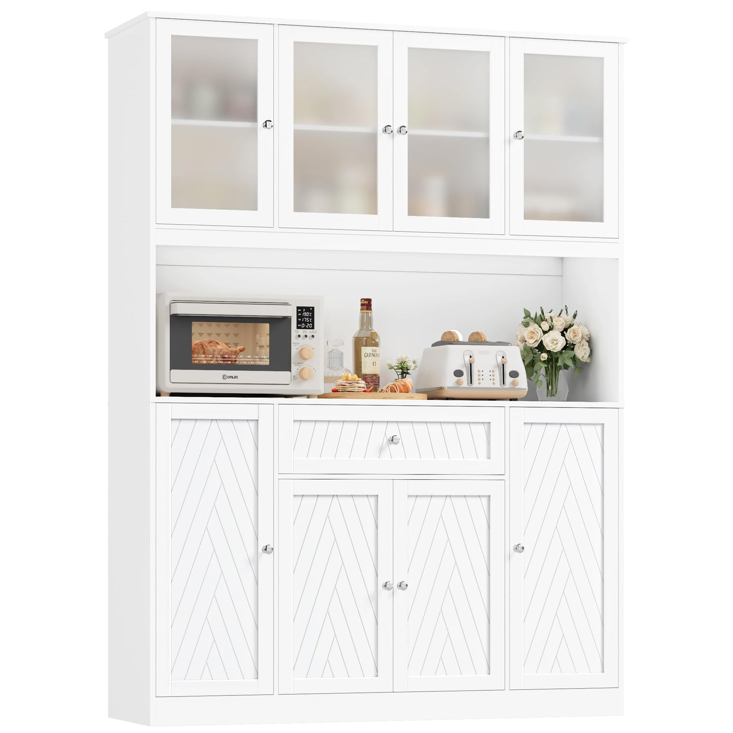 BOTLOG 72" Tall Kitchen Pantry Cabinet, 55.1" Wide Large Kitchen Hutch with Microwave Countertop, Coffee Bar Station with Drawer & Doors, White Freestanding Buffet Cupboard for Dining Room