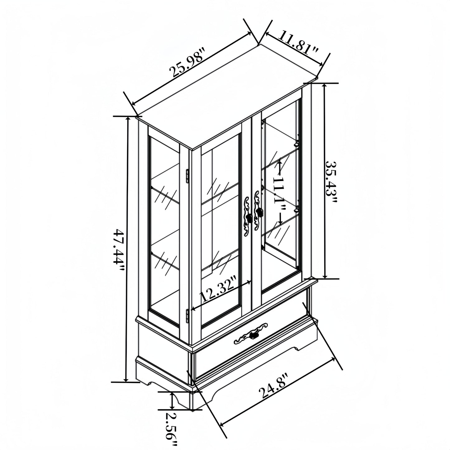 KEIKI 47" Glass Display Cabinet with Carved Metal Handle & Adjustable Shelves, Storage Curio Cabinet with 2 Door & 1 Drawer, 3-Tier Showcase Display Case, Easy Assembly, for Living Room, Cherry