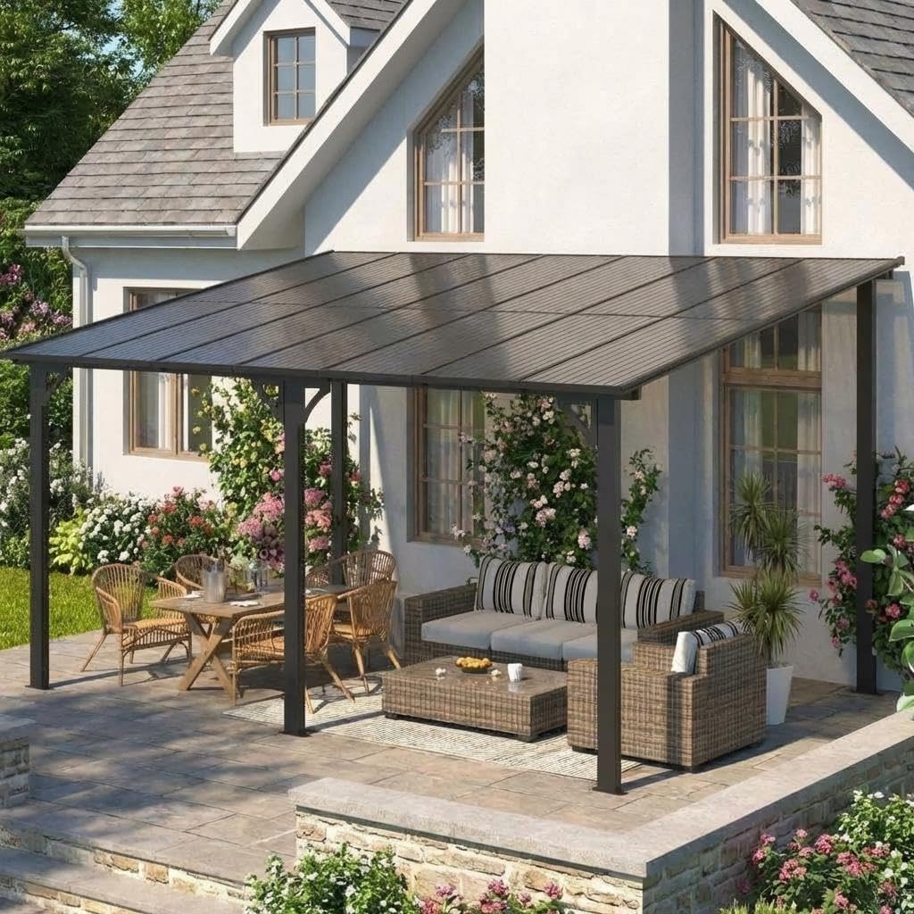 10x14 ft Wall Mounted Gazebo, Hardtop Lean to Pergola with Sloped Roof & Gutters, Heavy Duty Outdoor Awning for Patio, Deck, Porch, Backyard – Black