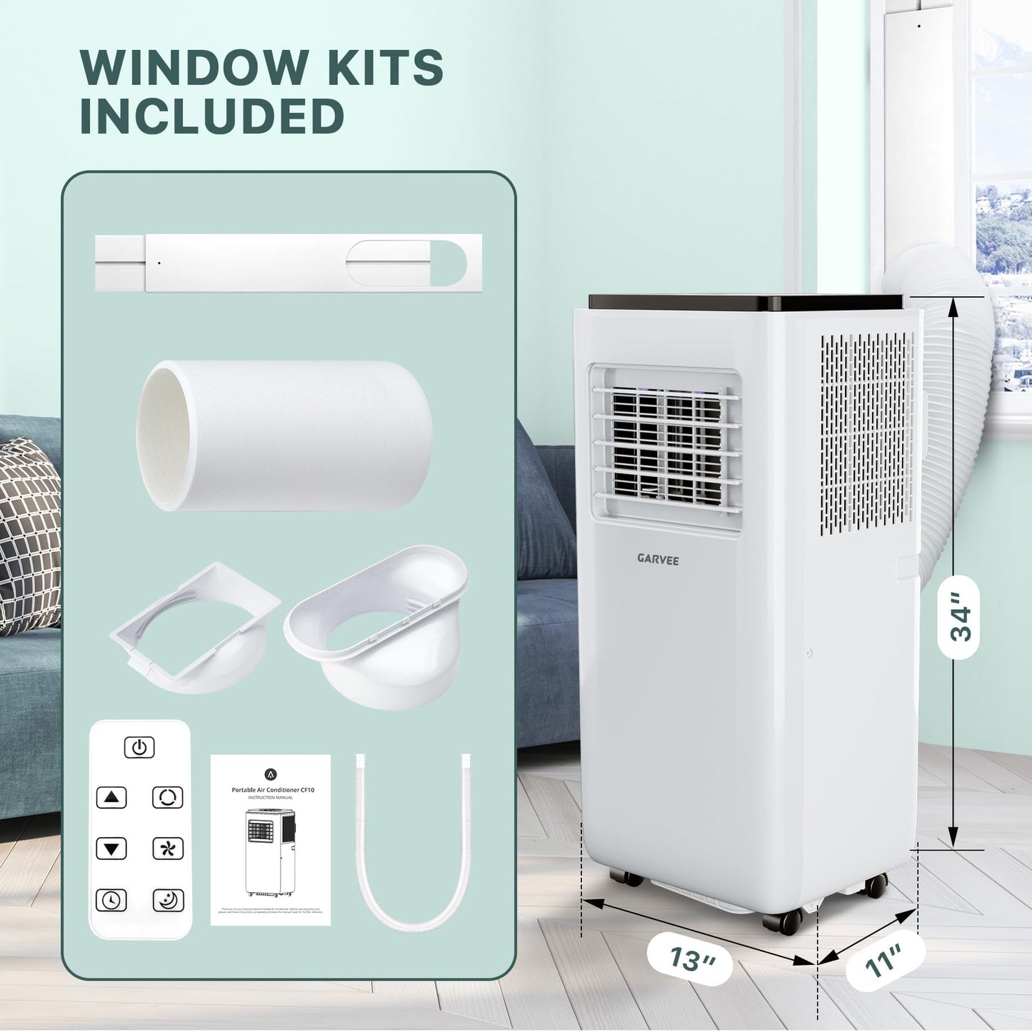 GarveeHome 10000 BTU Portable Air Conditioners, 4 in 1 Portable AC Unit with Cool Dry Fan Sleep Modes, Cools Up to 450 sq.ft, Quiet, Remote, LED Display, 24H Timer, Window Install Kit for Bedroom
