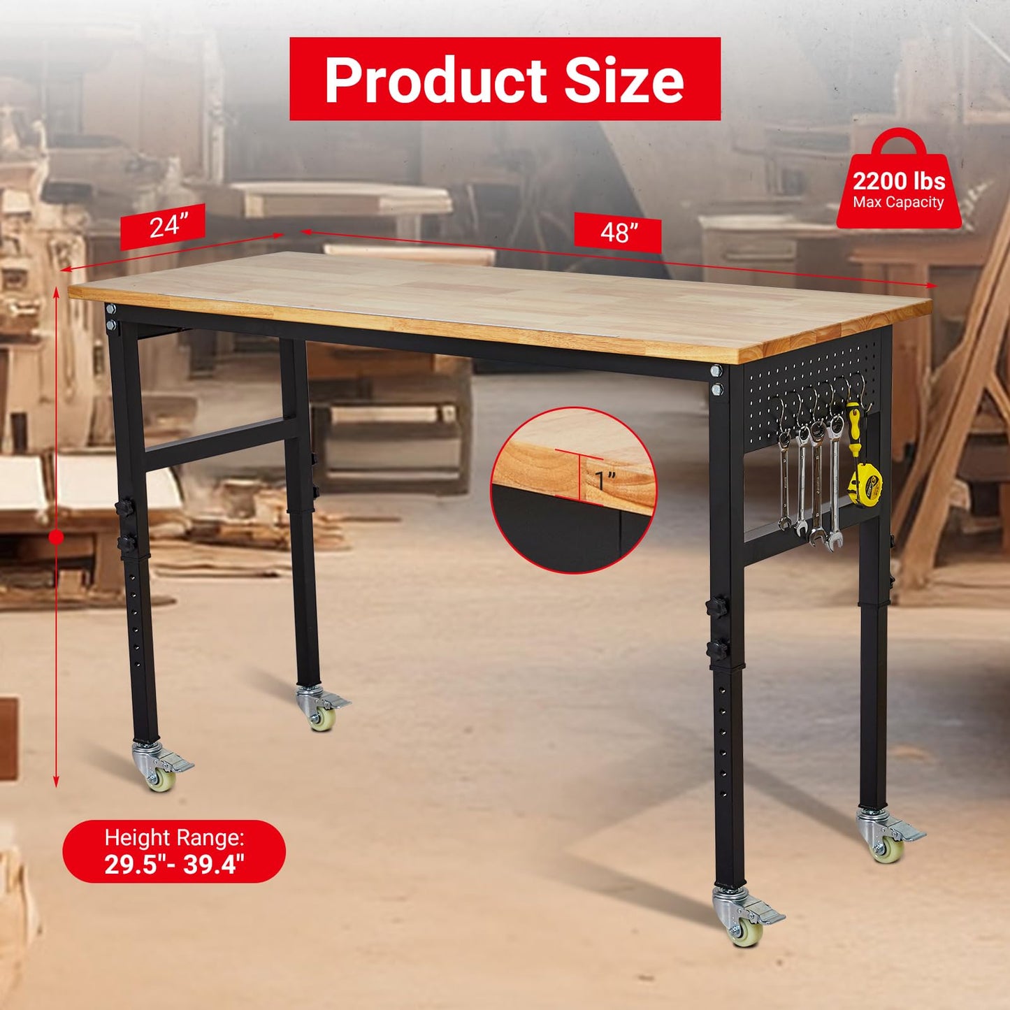 48" x 24" Work Bench with Scales, 2200 LBS Load Capacity Adjustable Workbench with Peg Board, Wheels, 8 Adjustable Heights Heavy Duty Work Table for Garage, Workshop, Home, Office