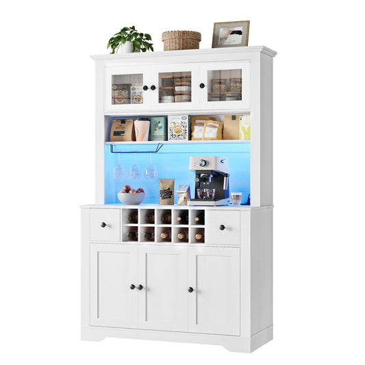 68.7 " Pantry Cabinet with LED Light and Charging Station, Kitchen Pantry Storage Cabinet with Countertop, Large Kitchen Hutch with Wine Rack & Adjustable Shelves for Dining Room, Living Room