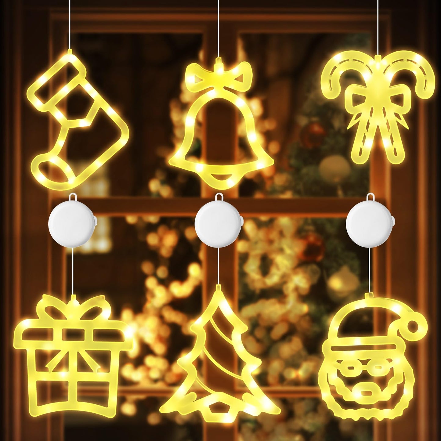Gejoy Christmas Window Lights - 6 Pcs Warm White Acrylic Silhouette with Timer, Battery Operated, Classic Style Decor for Indoor/Outdoor