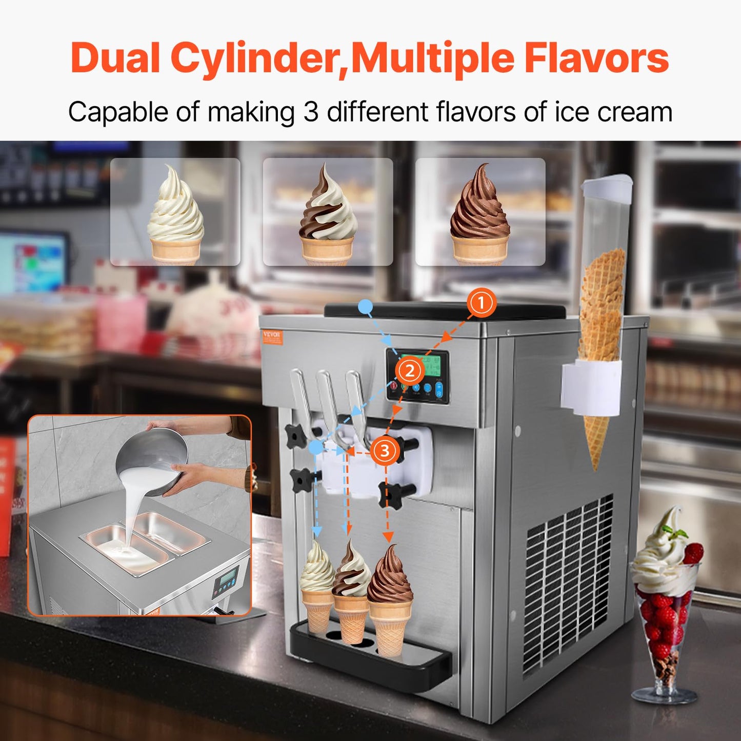 VEVOR Commercial Ice Cream Machine, 21 QT/H Soft Serve Ice Cream Maker with LCD Panel Auto Clean 3-Flavor Pre-cooling for Restaurant Snack Bar