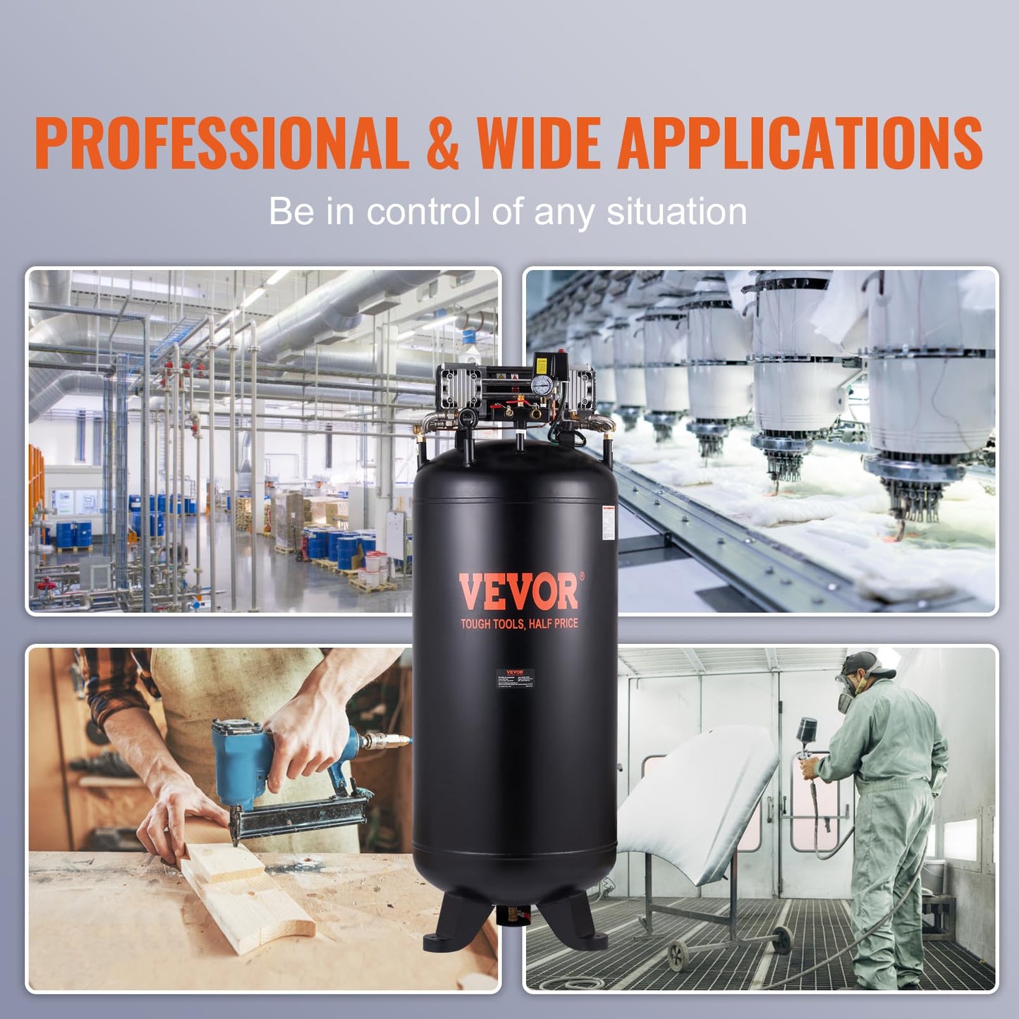 VEVOR 80 Gallons Air Compressor, 6.5HP 15.5SCFM@90 PSI Oil-Free Air Compressor Tank with 145PSI Max Pressure, 86dB Quiet Air Tank for Industrial Manufacturing, Air Brushing, Spraying (3-Phase Power)