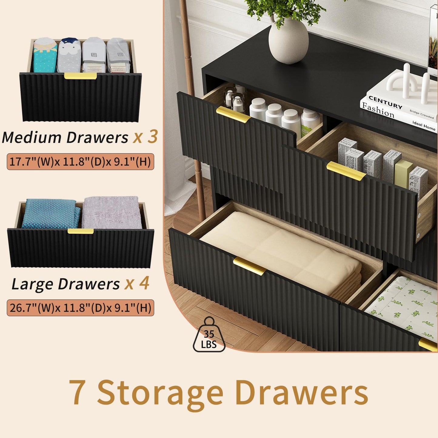 Sscaktu 7 Drawer Dresser and Nightstand Sets for Bedroom, 3 Pcs Bedroom Set，Night Stand Set of 2 & 7 Drawer Dresser with Gold Handles, Modern Wood Chest of Drawers Storage Cabinet Set, Black
