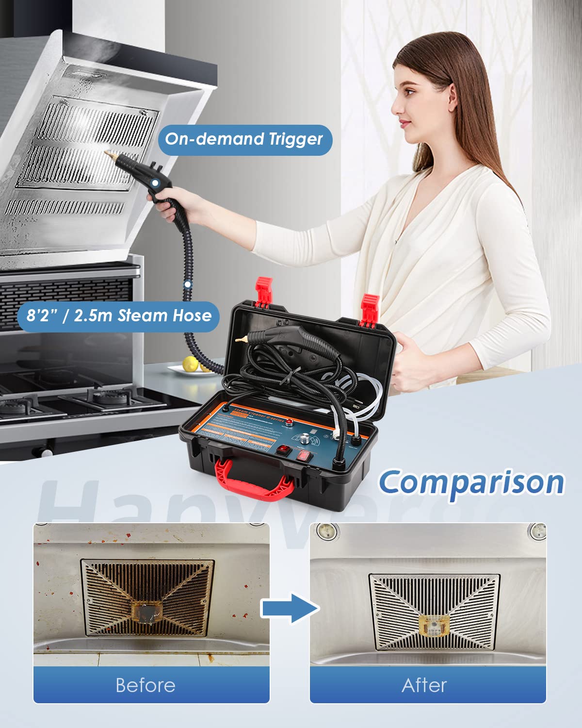 Hapyvergo High Pressure Steam Cleaner, 1700W High Temp Portable Steamer Machine for Cleaning, Tankless and Heavy Duty for Commercial Home Use Grout Tile Kitchen Bathroom Car Detailing