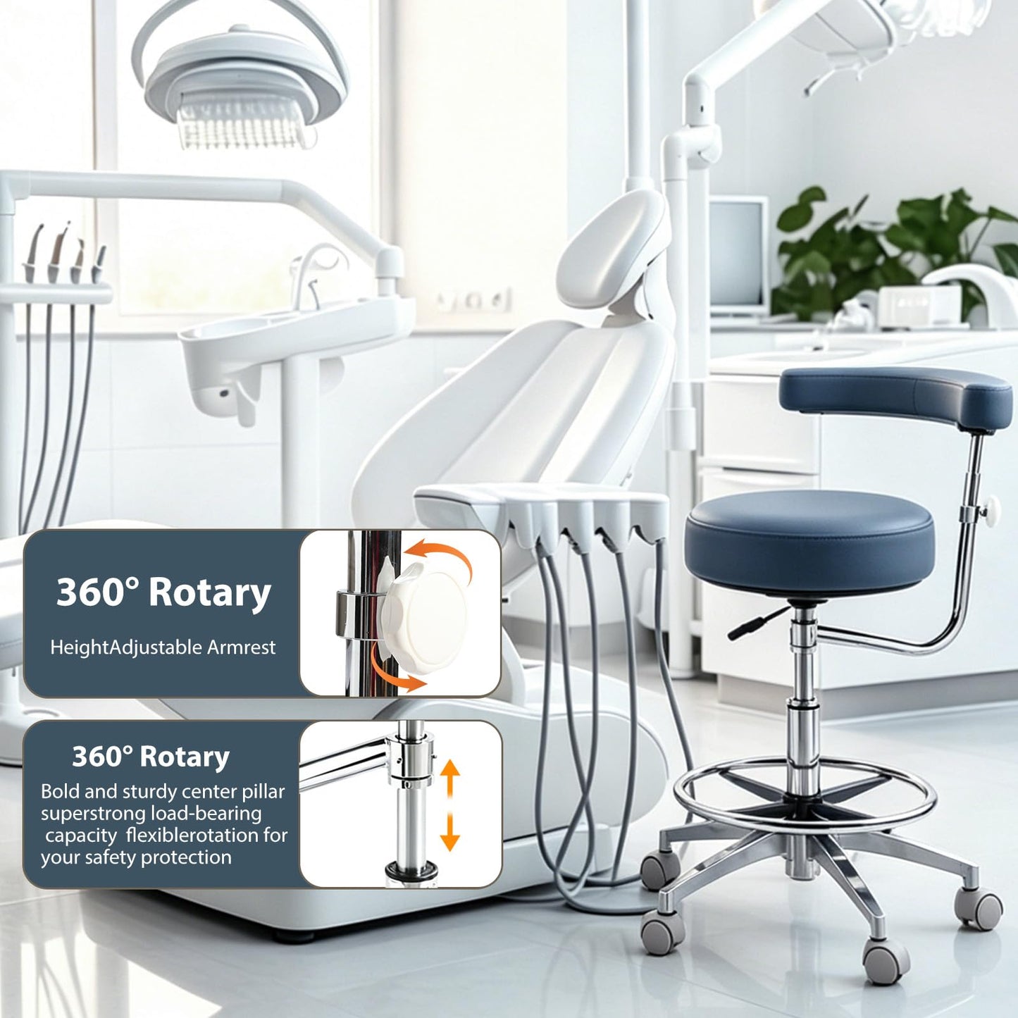 Viviange Ergonomic Dental Stool with Adjustable Height & Rolling Base - Comfortable Dentist Chair for Hygienists, Assistants, & Medical Professionals - Blue Grey