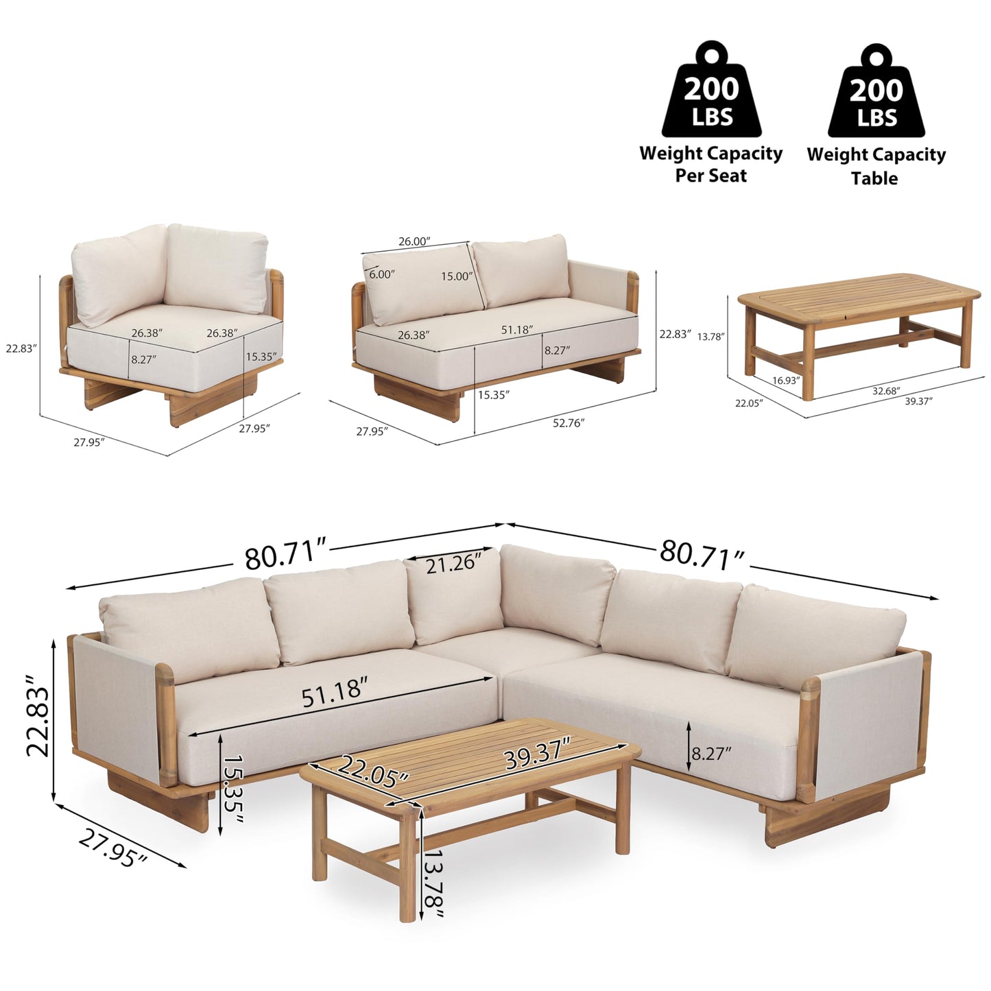 Merax 4 Piece Patio Outdoor Furniture Set, All-Weather V-Shaped Sectional Sofa with Cushions, 1 Coffee Table for Porch, Lawn, Backyard, Balcony, Light Teak+ Beige