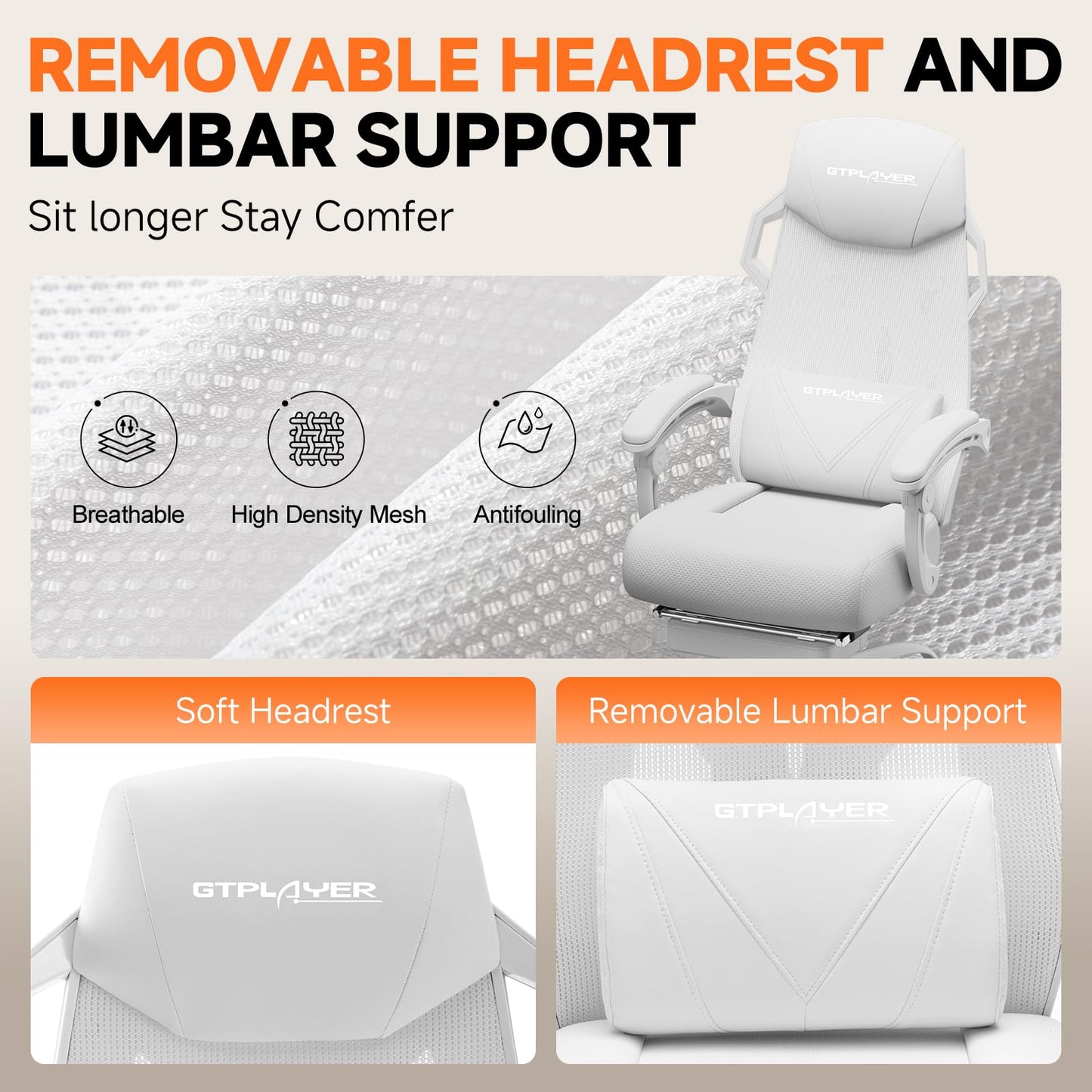 GTPLAYER Computer Chair with Adjustable Footrest, Ergonomic Gaming Chair with Headrest and Lumbar Support, Breathable Mesh Office Chair for Adults, High Back Reclining Desk Chair for Gaming and Office