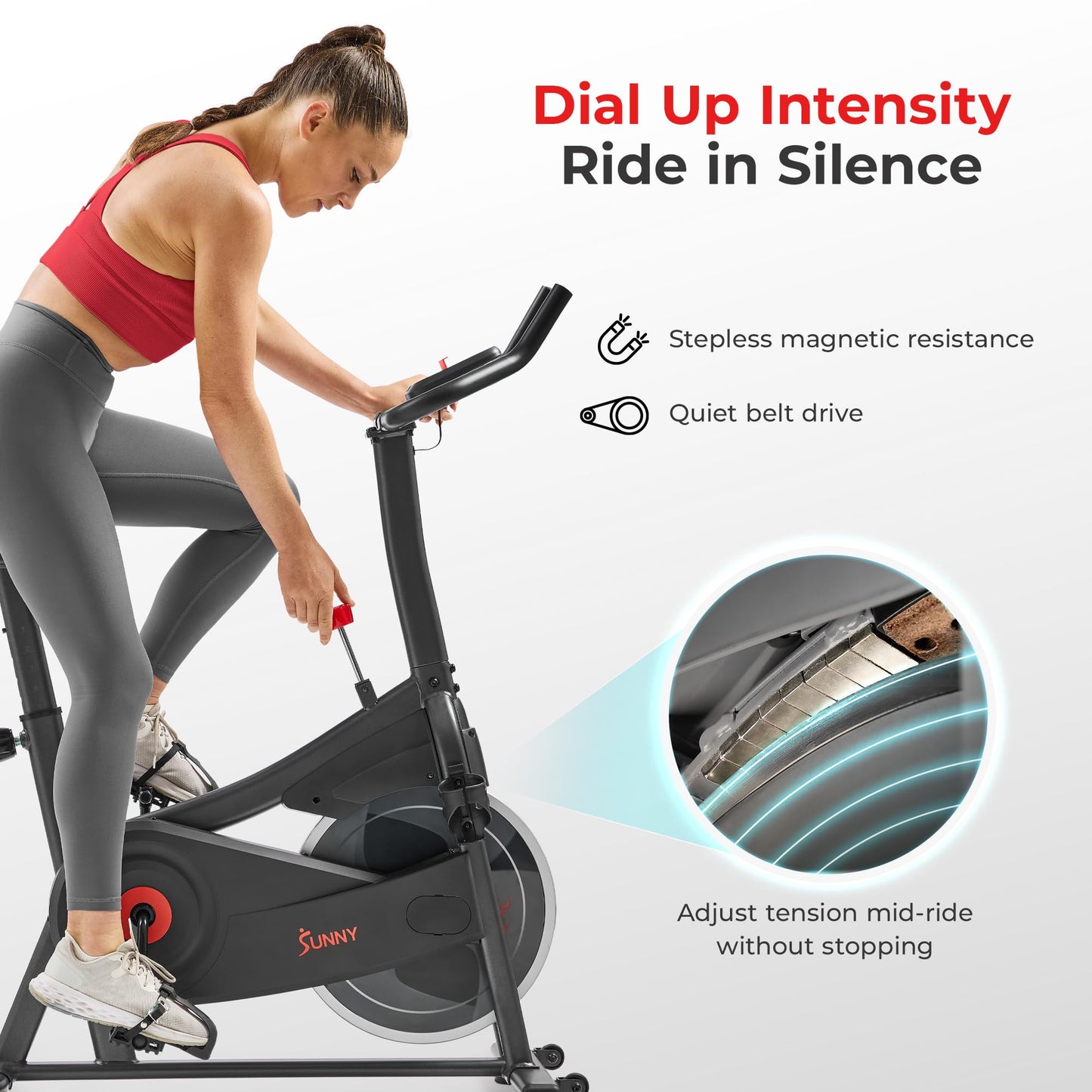 Sunny Health & Fitness Nova Smart Indoor Cycling Bike – Magnetic Resistance Exercise Bike with SunnyFit App, Quiet Belt Drive & Compact Home Cardio Bike for Beginners