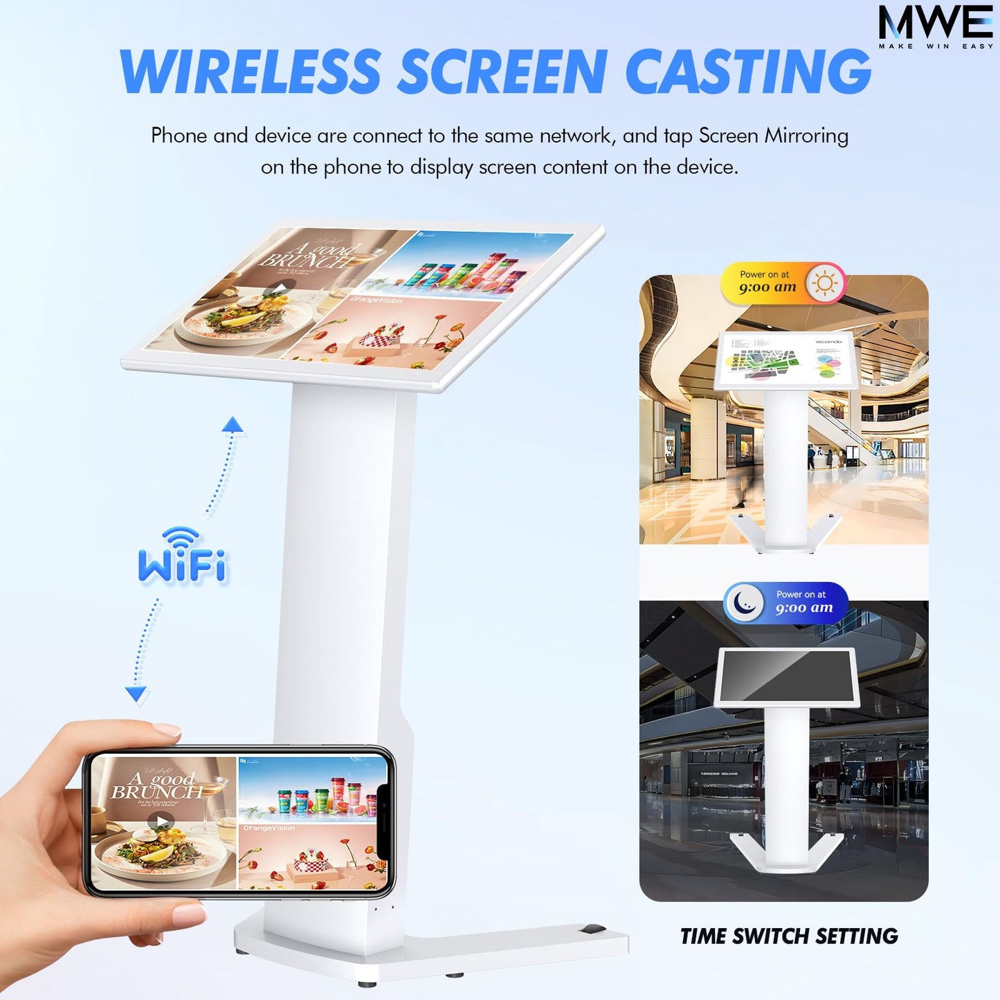 MWE 32 Inch Touch-screen Self Service Kiosk, Floor Standing Digital Signage Display, FHD Information Kiosk, 2 Speakers, Interactive Display for Mall Navigation/Self-Ordering/Advertising/Retail Store