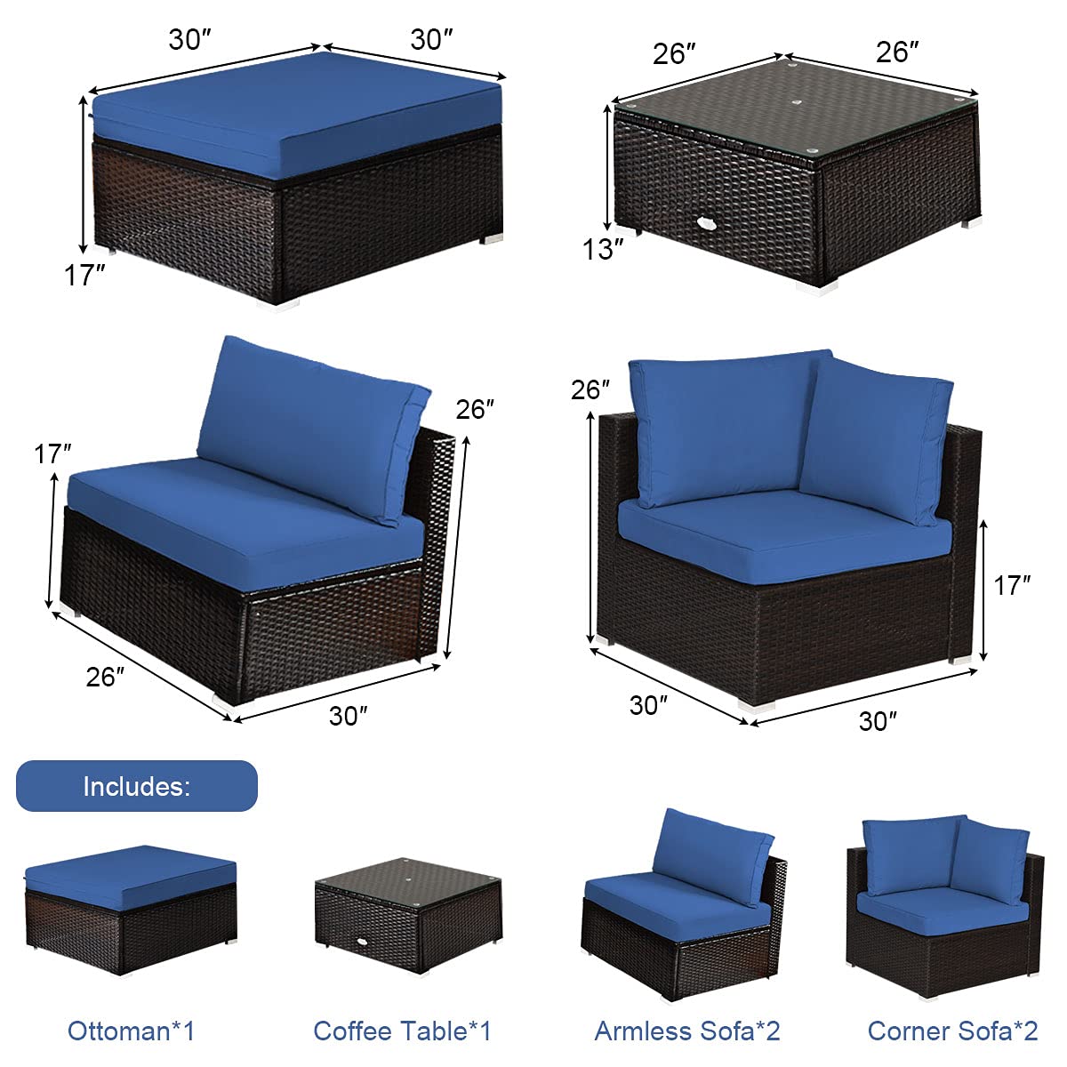 COSTWAY 6-Piece Outdoor Patio Furniture Set, Rattan Sectional Sofa Set with Tempered Glass Coffee Table, Cushions and Ottoman for Garden, Deck, Backyard (Navy)