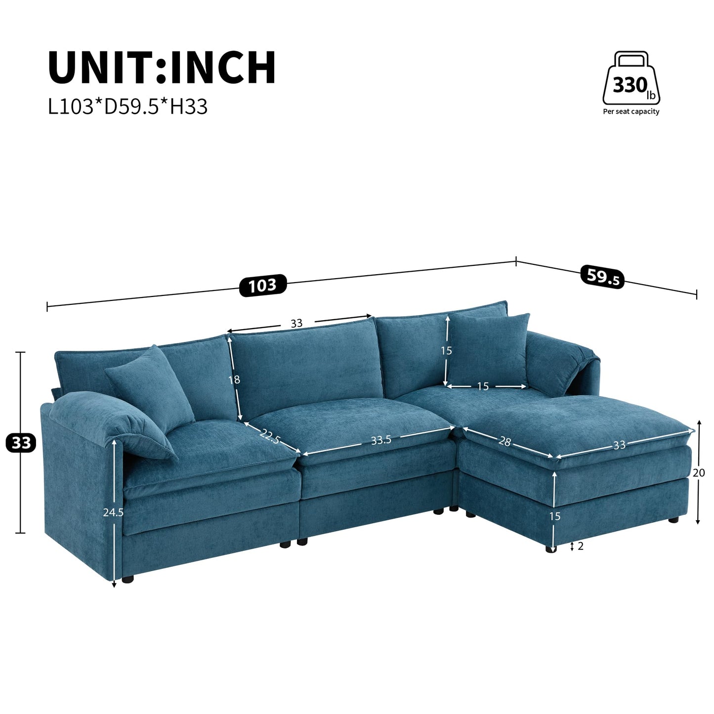 Merax Modern L Shaped Cloud Couch Set with Double Cushions, 4 Seat Sectional Sofa Sleeper Bed with Movable Ottoman & 2 Pillows, 103" Chenille Modular Sectional Sofa with Deep and Wide Seat, Blue