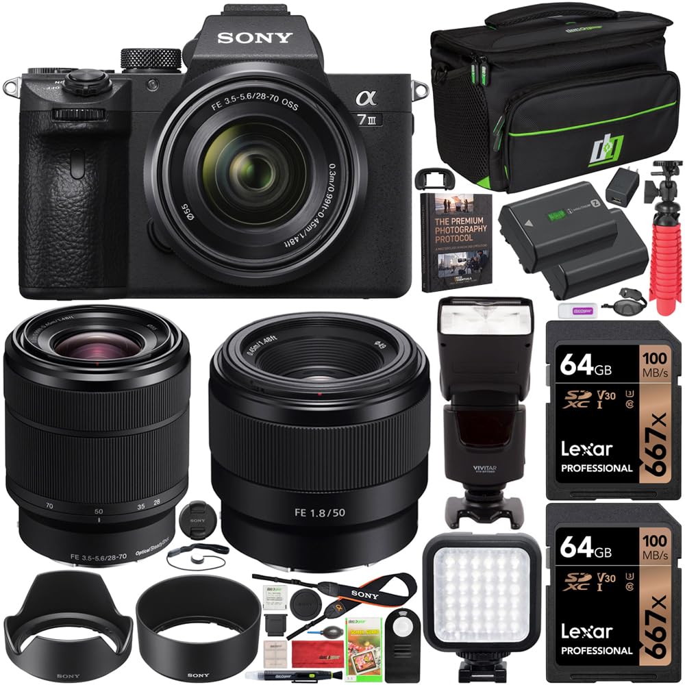 Sony ILCE-7M3K/B a7III Full Frame Mirrorless Camera with 2 Lens Kit FE 28-70mm F3.5-5.6 SEL2870 + FE 50mm F1.8 SEL50F18F | Official Sony USA Partner Model | Bundle with 2X 64GB Cards, Photography Pro