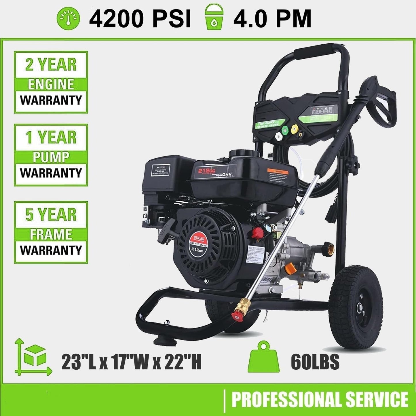 Imdot 4200PSI Pressure Washer, 4.0GPM Heavy Duty Power Washer with 5 Quick Connect Nozzles, 25ft Flexible Hose and 0.5Gal Soap Tank, 212cc 7.0 HP Engine, EPA/CARB/ETL Compliant, Black