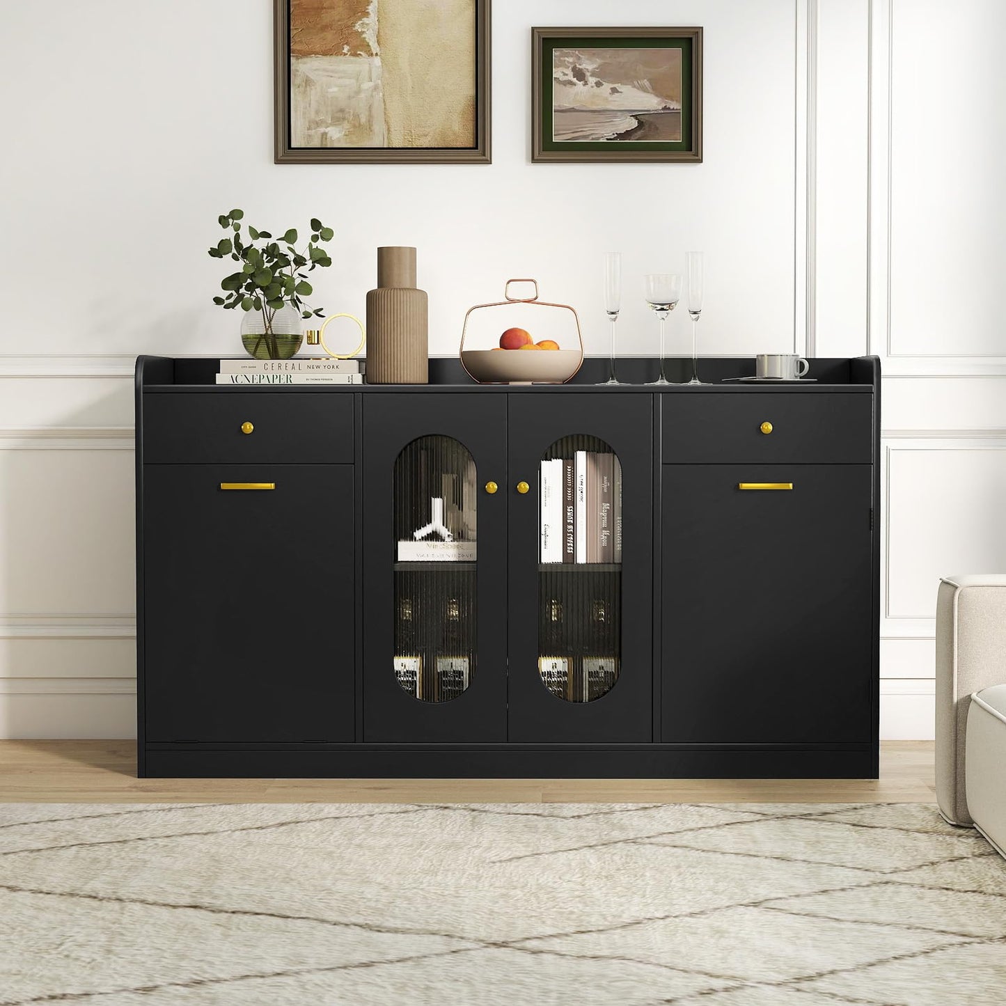 Giantex 55" Farmhouse Buffet Cabinet, Large Credenza w/Hidden Tilt Out Trash Can, 2 Glass Doors, 2 Drawers & Adjustable Shelves, Modern Sideboard Coffee Bar Cabinet for Kitchen, Dining Room (Black)