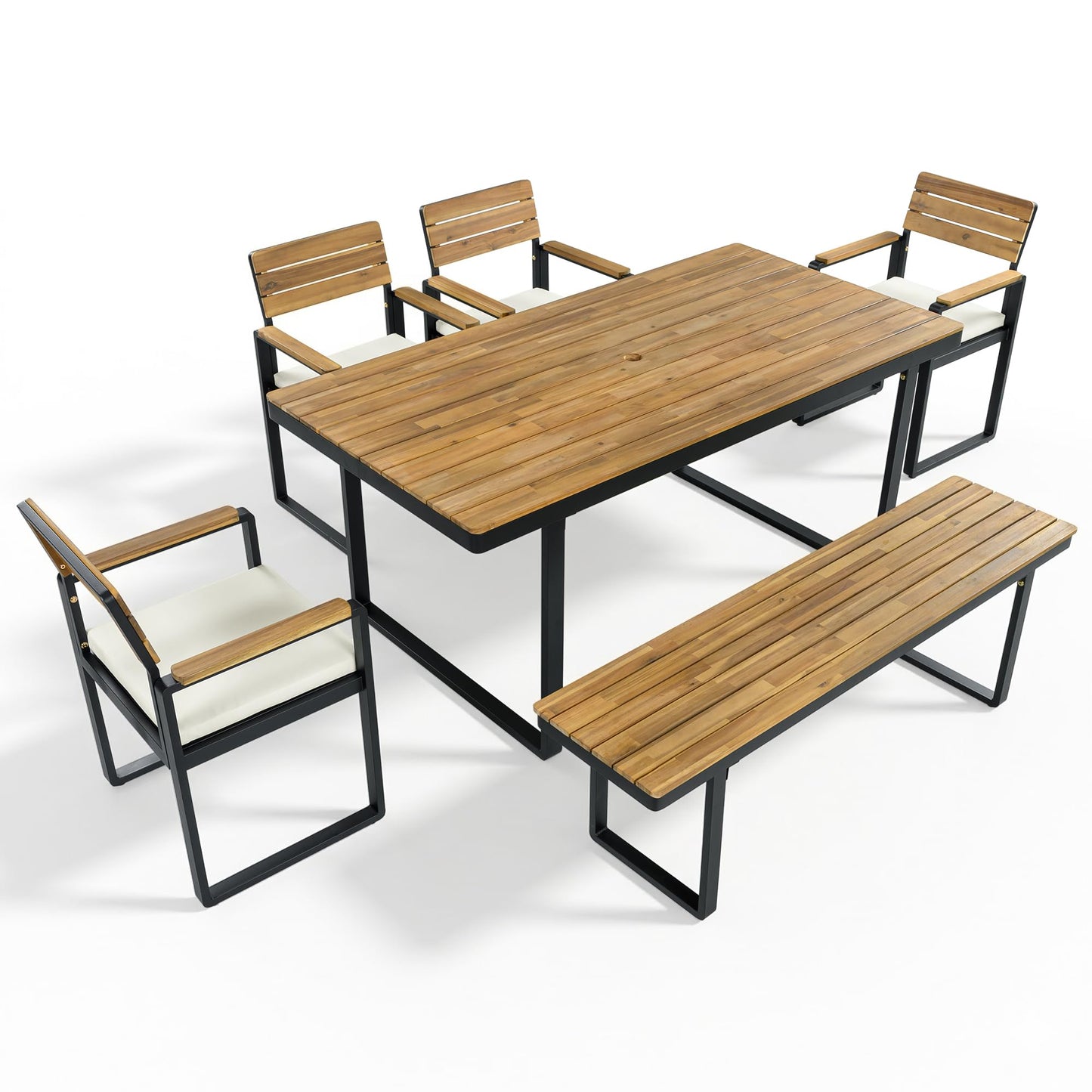 Merax Outdoor Farmhouse Acacia Wood Dining Set of 6, Patio 68 Inch Large Kitchen Table,4 Chairs with Cushions & 1 Bench for 6-7 Person, Patio Dining Furniture Set for Deck, Yard, Porch,Beige