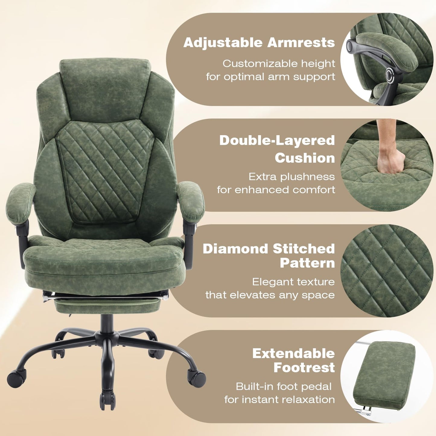 linting 400lbs Ergonomic Reclining Office Chair with Footrest, Plus Size Big Tall Leather Recliner Office Desk Chairs with Foot Leg Rest, Green