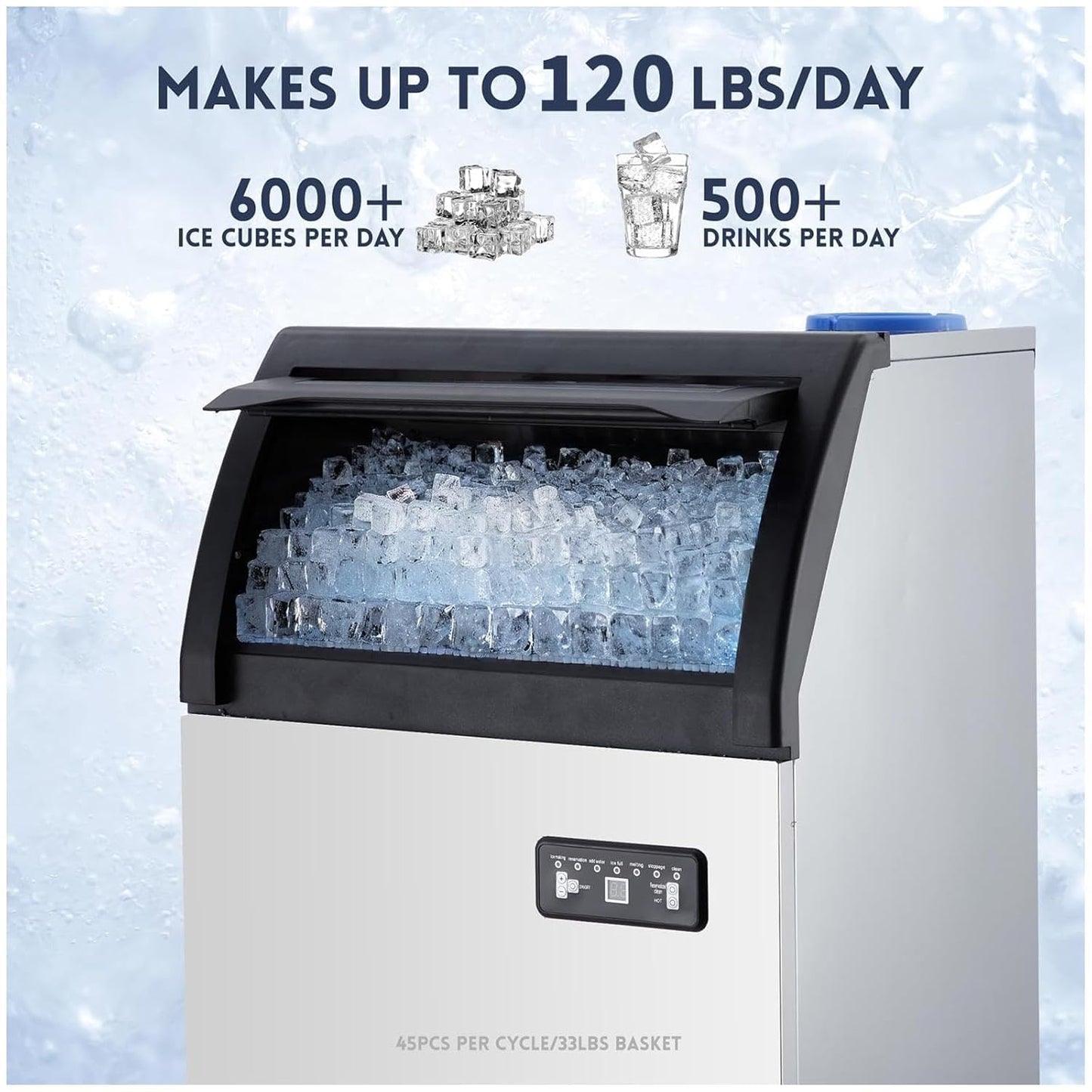 Commercial Ice Maker Machine with 120lbs/24H Production, 33lbs Ice Storage, Freestanding Stainless Steel Under Counter Design, Automatic Cleaning Function, for Home, Bar, Cafe, Restaurant