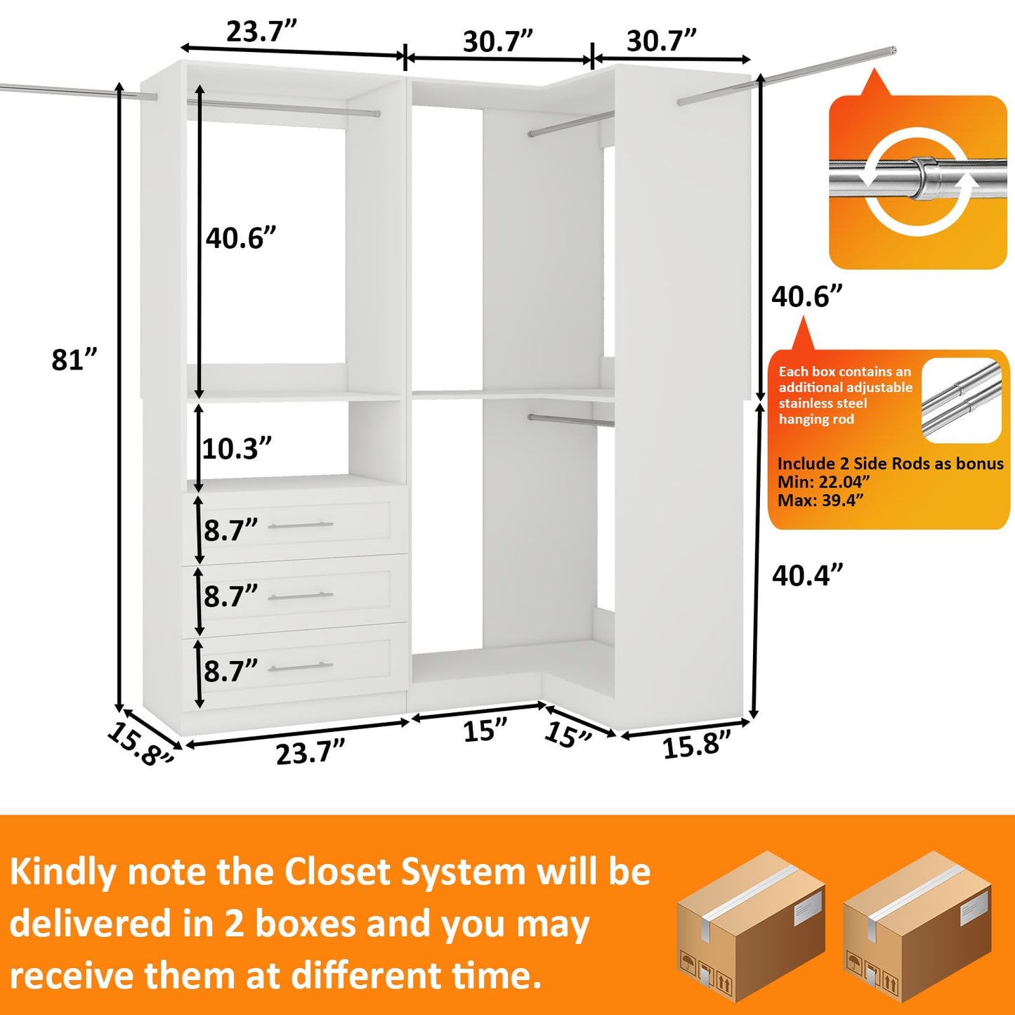 Secilix Closet System with 3 Wooden Drawers, 4.5-6FT Corner Closet Organizer System for Walk in Closet, Heavy Duty Modular Closet Systems, Built-in Shelving System with 5 Hanging Rods, 2-Piece Set