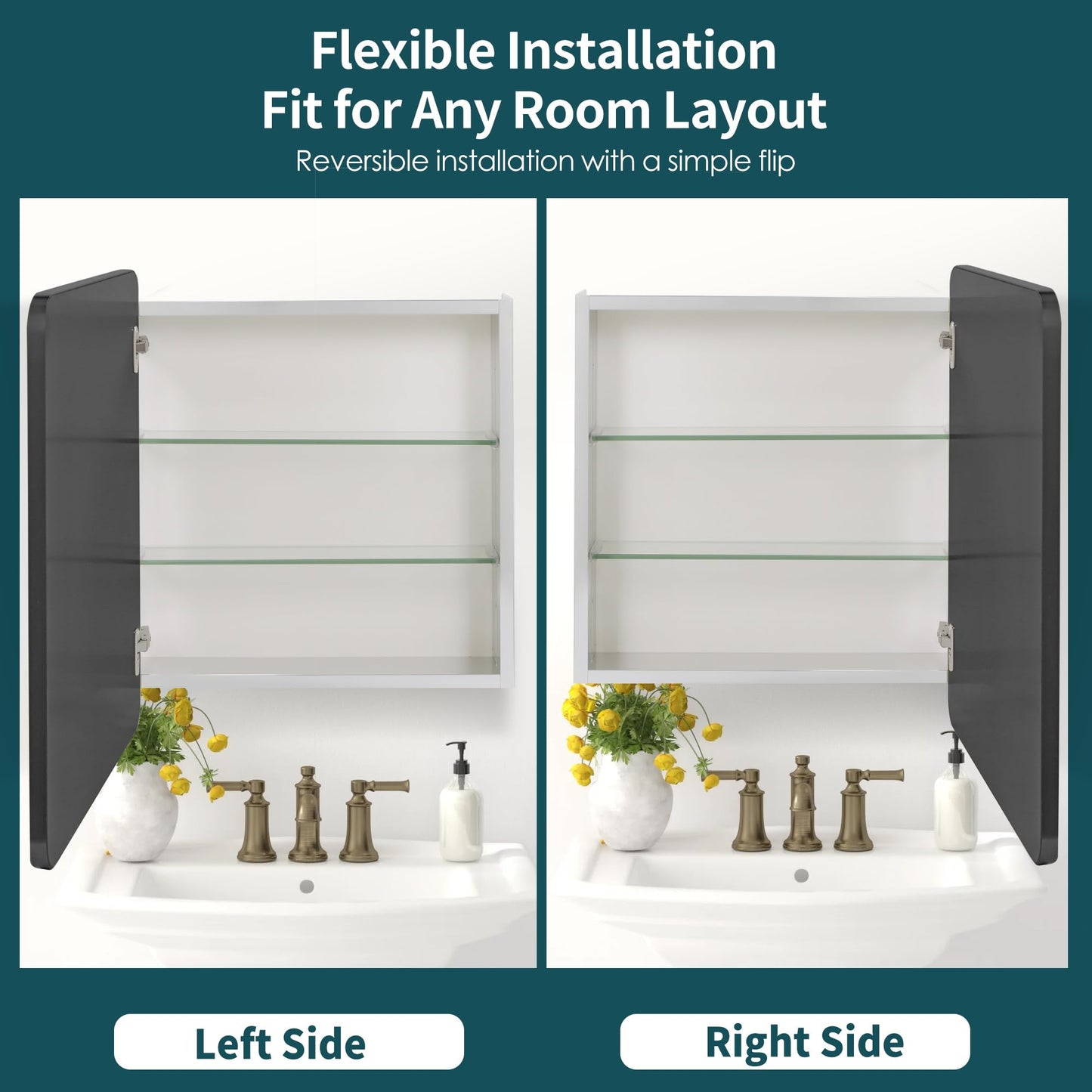 Movo 24 inch X 22 inch Medicine Cabinet with Mirror,Black Medicine Cabinets for Bathroom,Adjustable Glass Shelves, Waterproof and Rust-Resist,Recessed or Surface Mount Medicine Cabinet