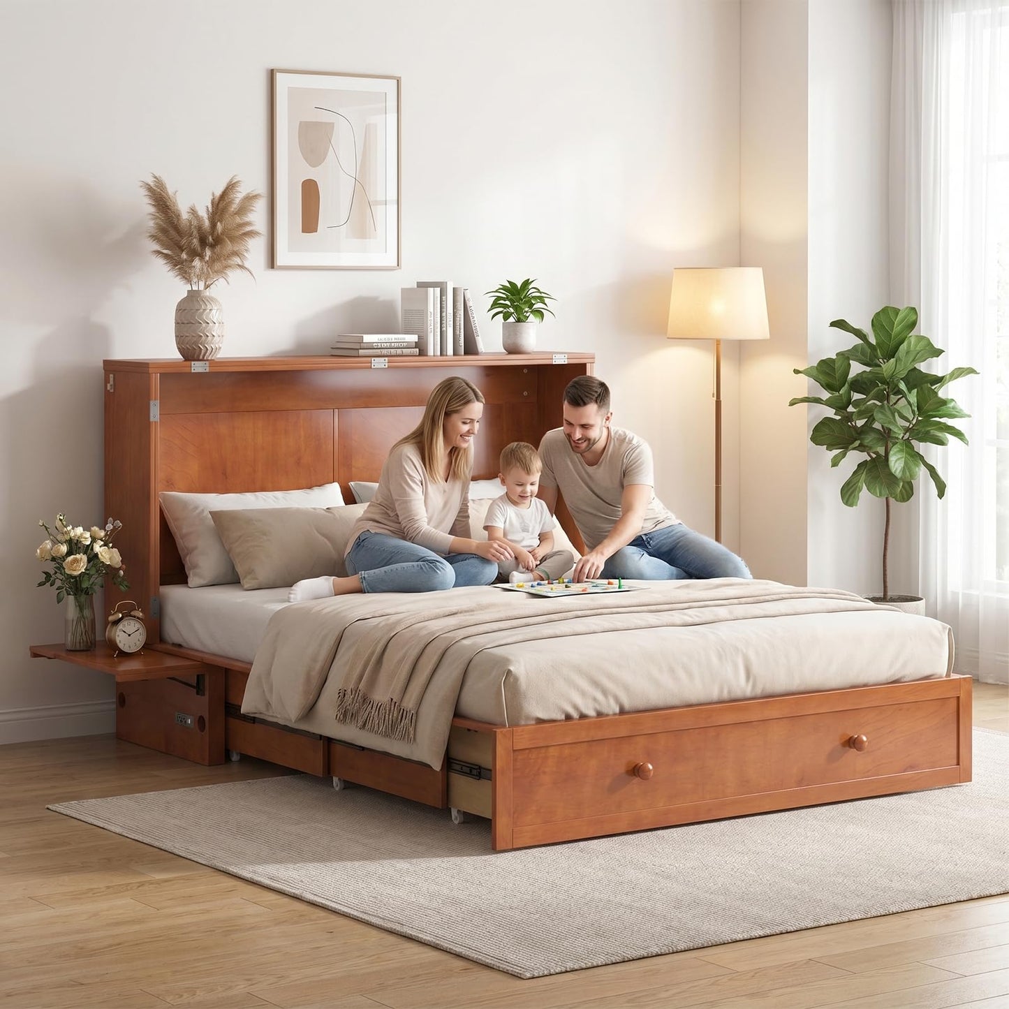 Mjkone Queen Murphy Bed Cabinet with Mattress Included, Cabinet Murphy Chest Bed with Drawer and USB Charging, Bedside Panel, Convertible Hidden Guest Wall Beds for Bedroom, Apartment - Cherry
