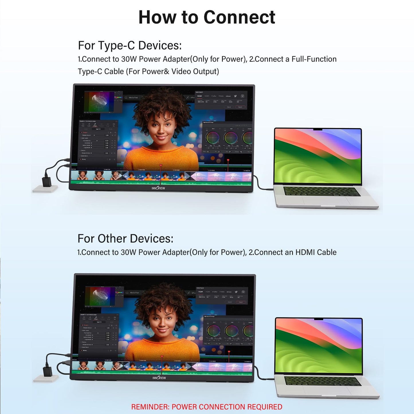 InnoView Large Portable Monitor 23.8inch FHD 1080P 144Hz USB-C, HDMI Computer Display HDR 100% sRGB IPS Gaming Monitor W/180°Adjustable DC Eyes Care Stand for Laptop PC MAC Phone PS4 Xbox Switch