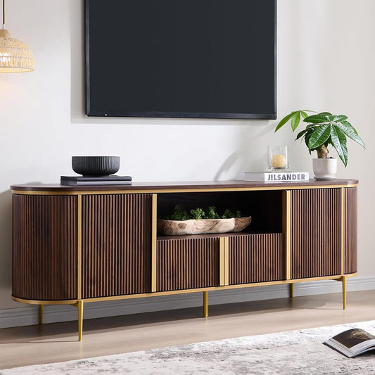 OKD 70" Fluted TV Stand with Storage, Faux Marble Top Entertainment Center for TVs Up to 80", Modern Curved Edge Media Console Cabinet for Living Room, Dark Walnut