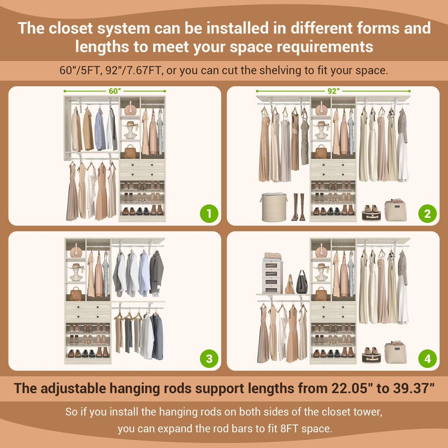 Besiost Closet System - 60"/92" Closet System with Drawers, 5FT/7.67FT Closet Organizer System with Reversible Hanging Shelving and Hanging Rods, for Small/Walk-in Closets, Greige Oak
